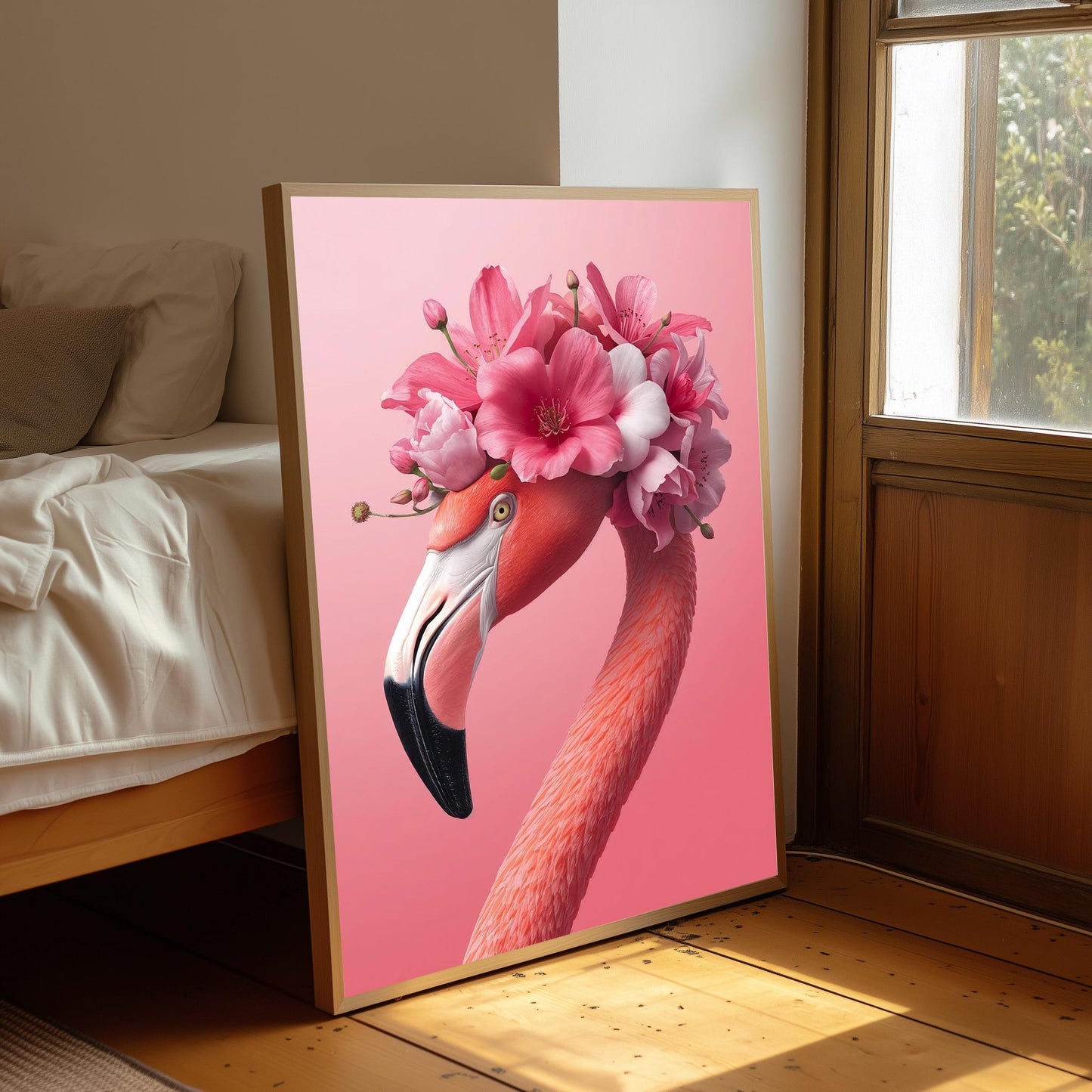Floral Pink Flamingo Print: Flamingo Wall Art