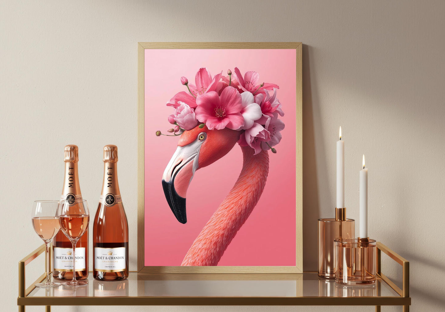 Floral Pink Flamingo Print: Flamingo Wall Art