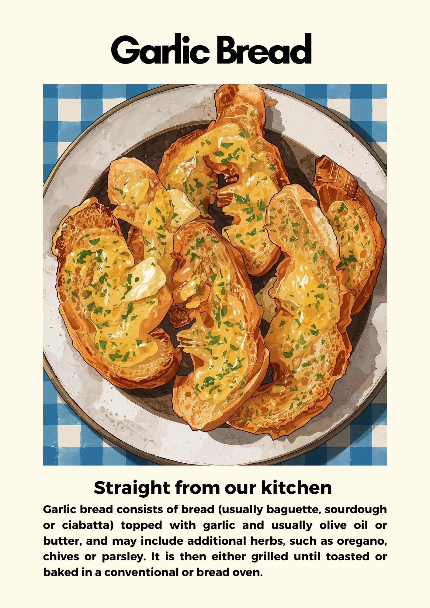 Straight From Our  Kitchen Poster: Retro Food Print, Colourful Wall Art, Garlic Bread