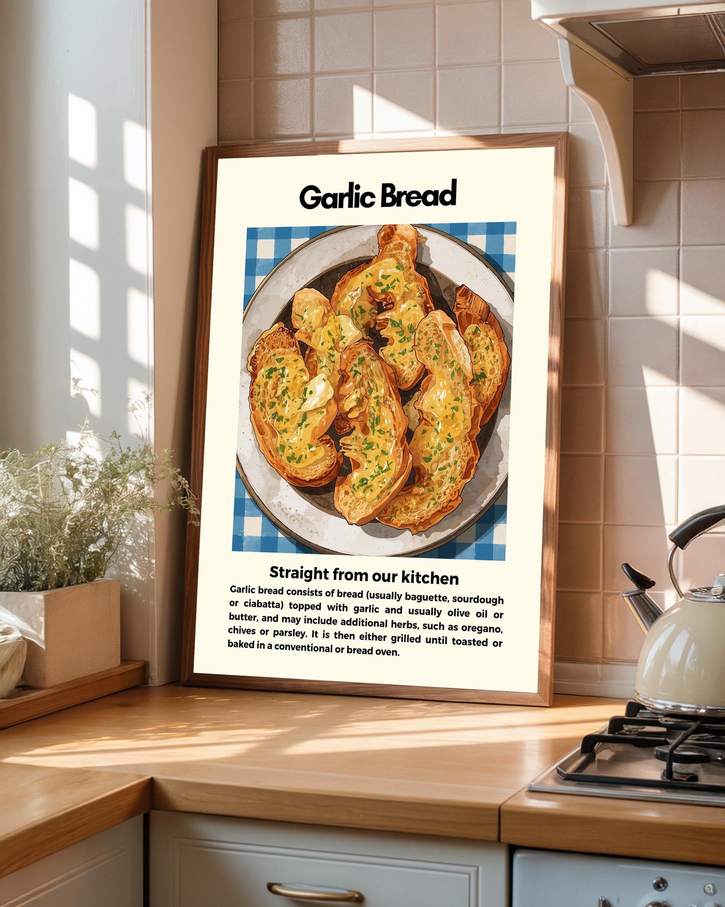 Straight From Our  Kitchen Poster: Retro Food Print, Colourful Wall Art, Garlic Bread