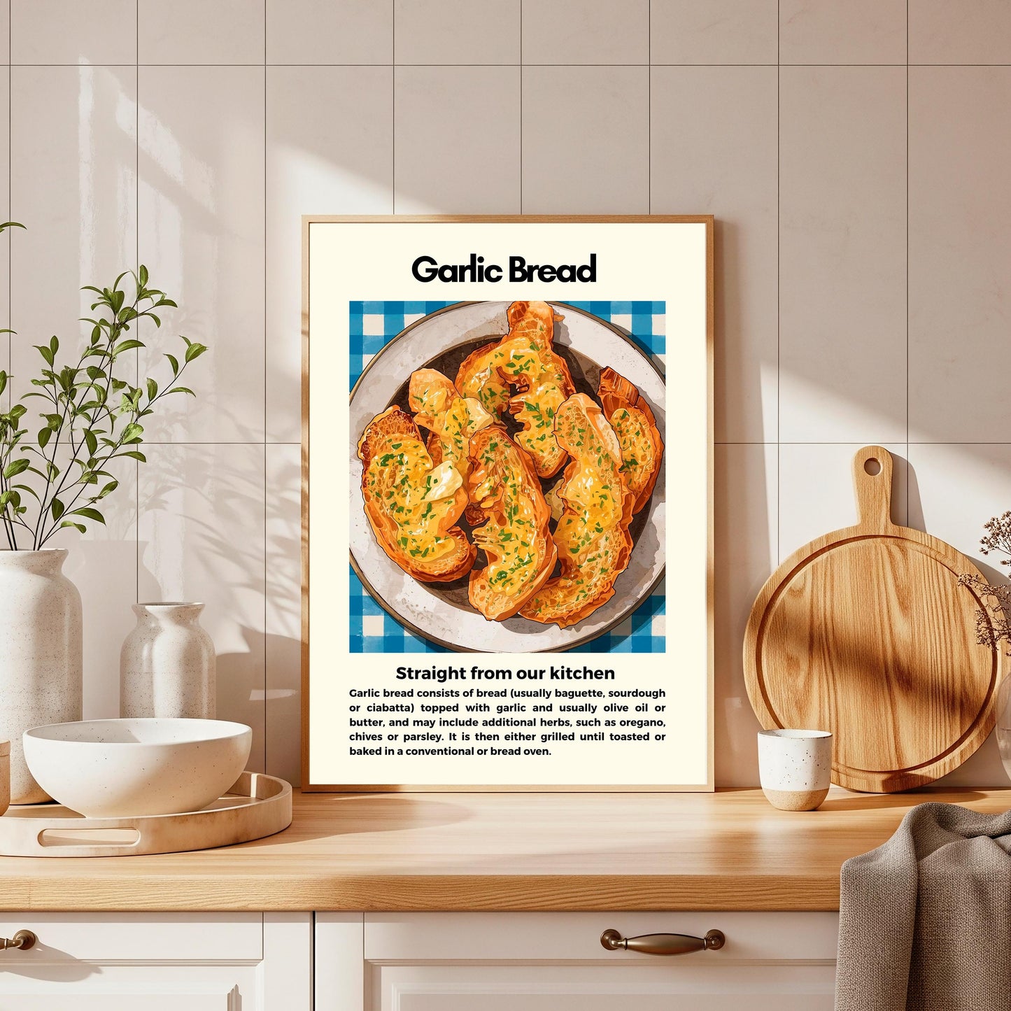 Straight From Our  Kitchen Poster: Retro Food Print, Colourful Wall Art, Garlic Bread