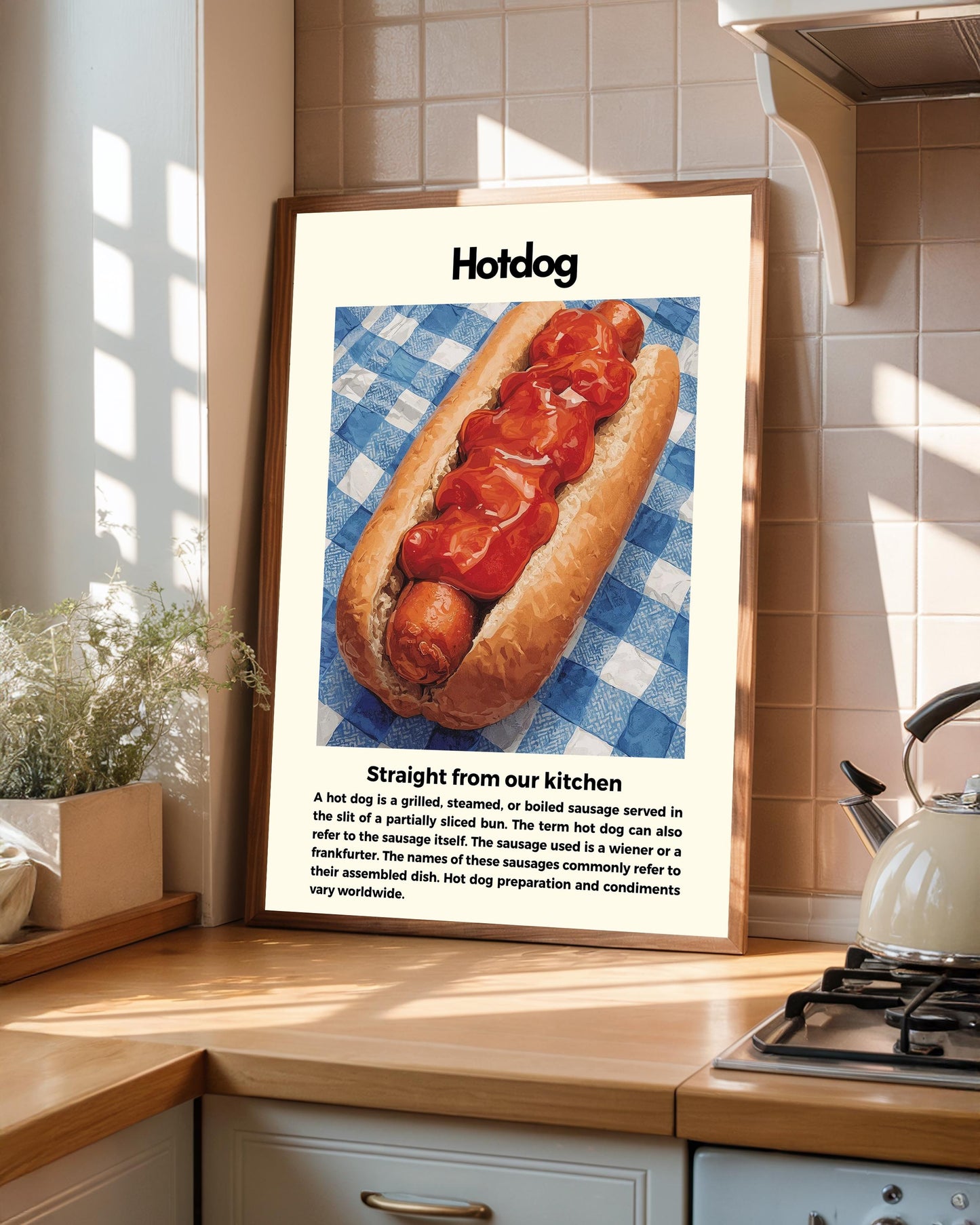 Straight From Our  Kitchen Poster: Retro Food Print, Colourful Wall Art, Hot Dog