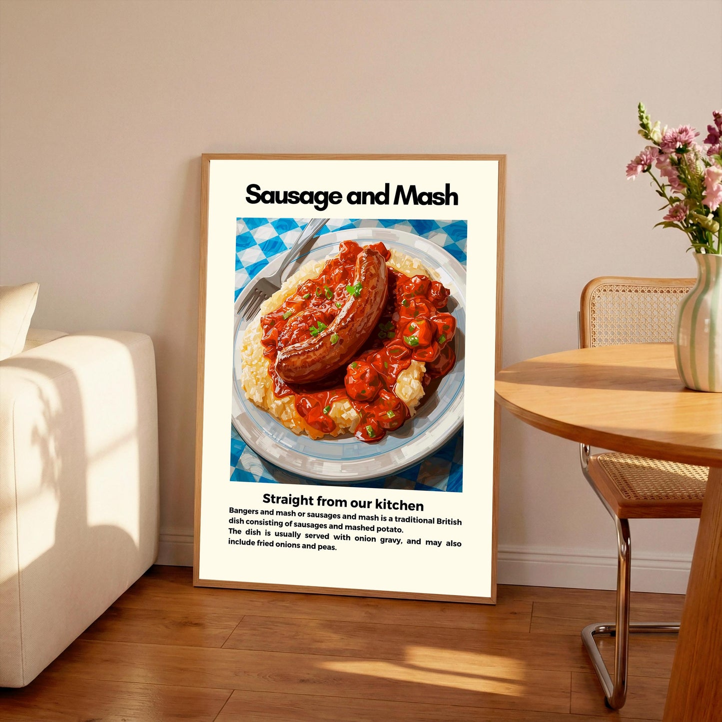 Straight From Our  Kitchen Poster: Retro Food Print, Colourful Wall Art, Sausage and Mash