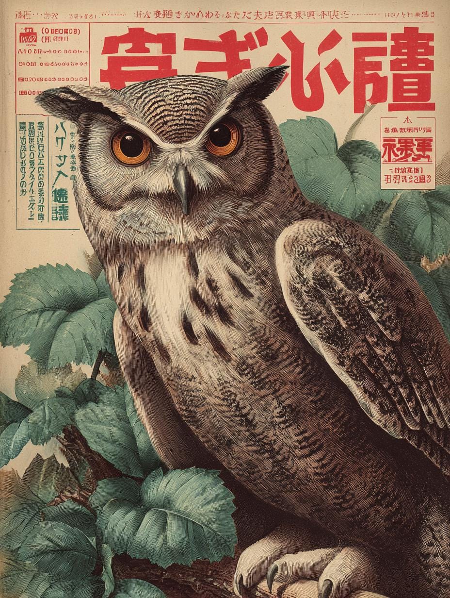 Japanese Owl Art Print, Vintage Woodblock Style, Mid Century Poster, Minimalist Bird Illustration