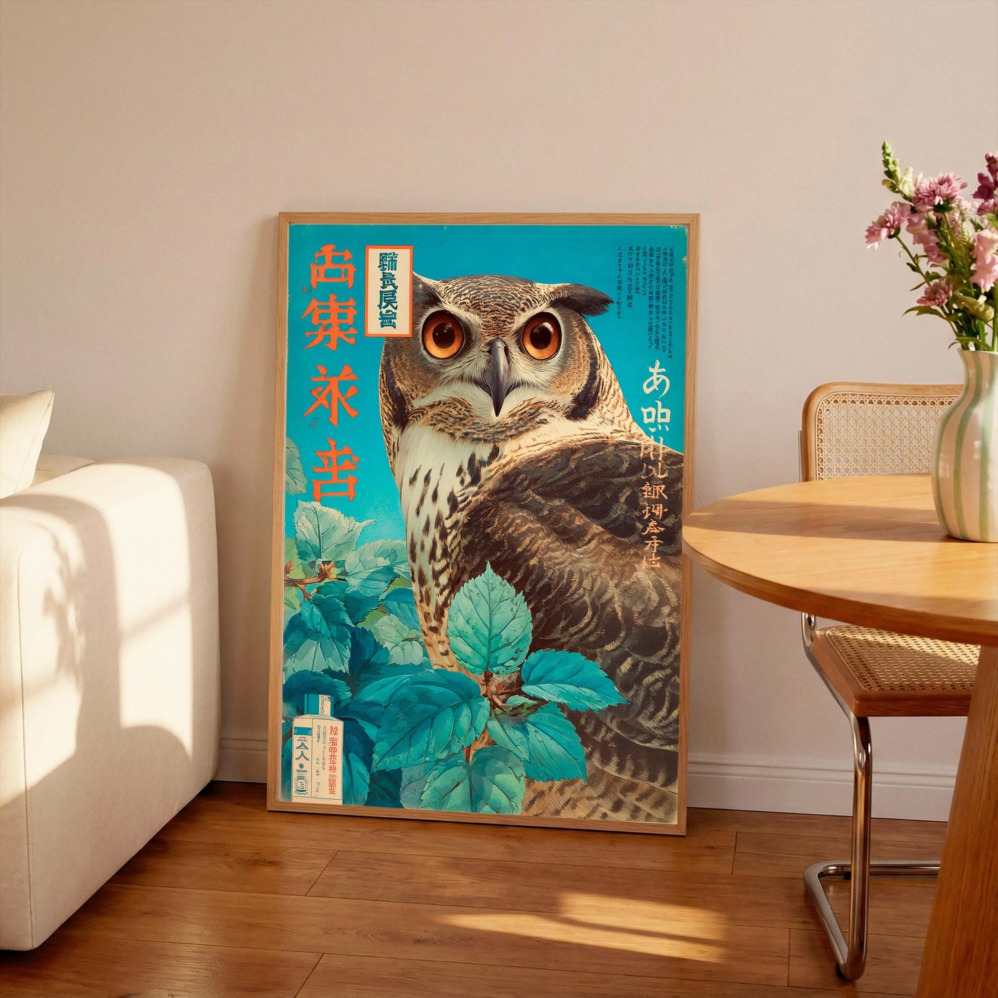 Vintage Japanese Owl Print, Woodblock Style Mid Century Poster