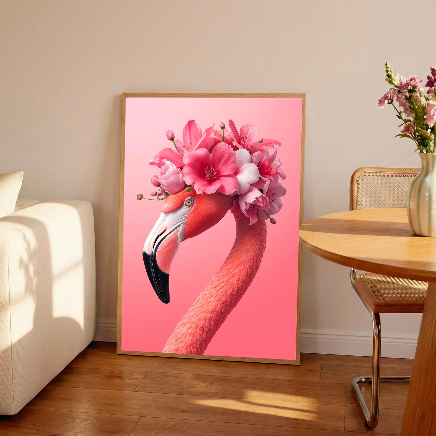 Floral Pink Flamingo Print: Flamingo Wall Art