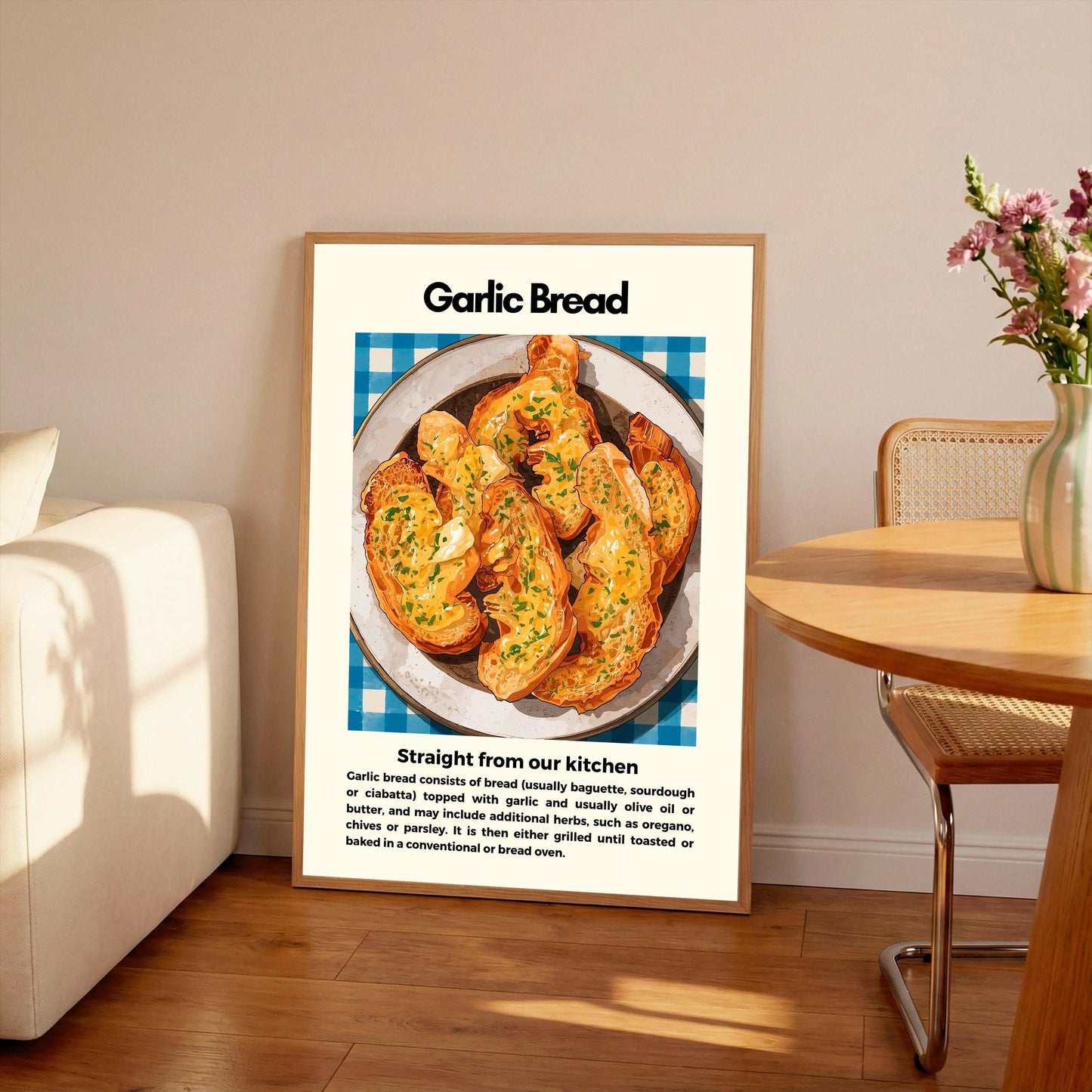 Straight From Our  Kitchen Poster: Retro Food Print, Colourful Wall Art, Garlic Bread