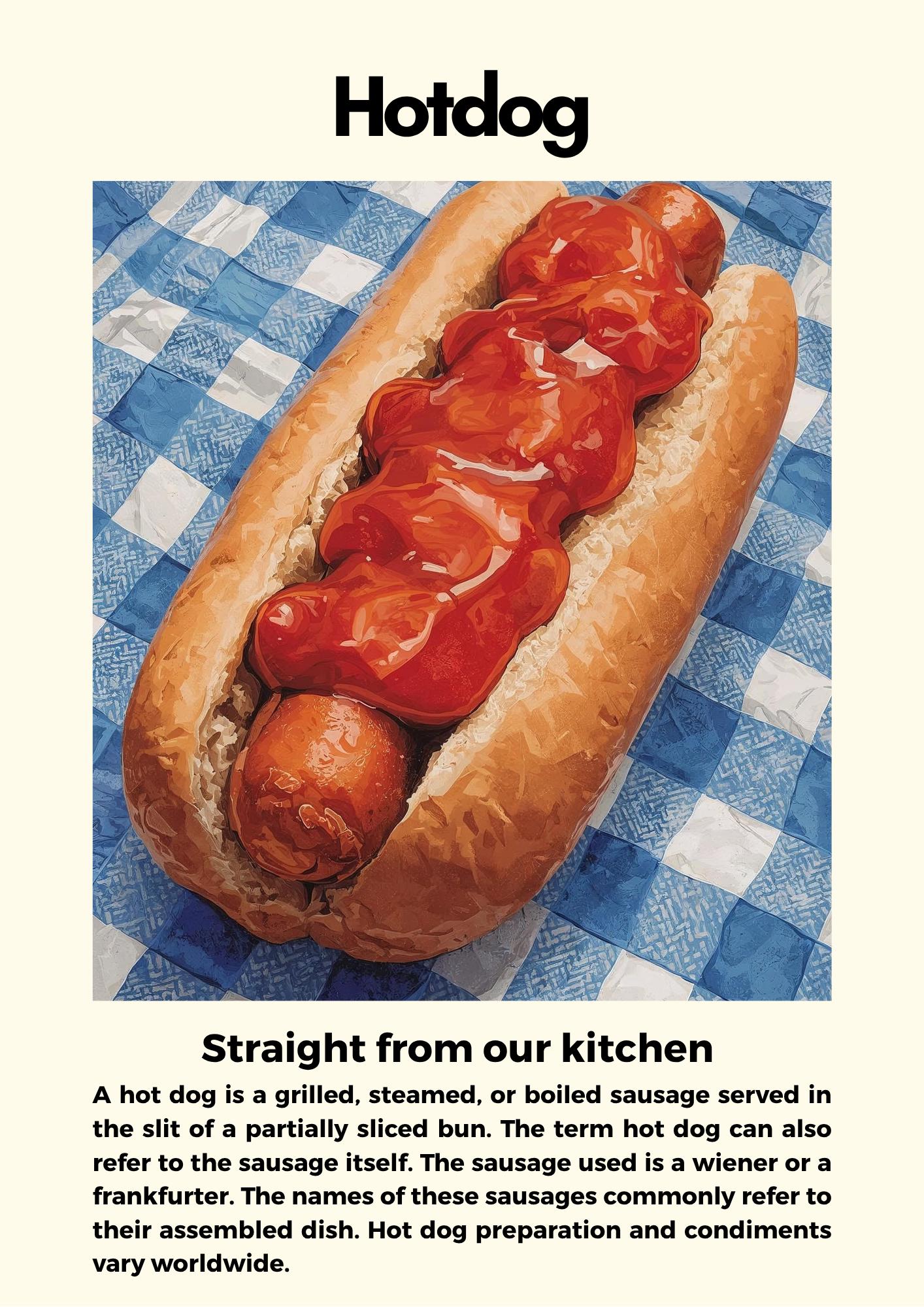 Straight From Our  Kitchen Poster: Retro Food Print, Colourful Wall Art, Hot Dog