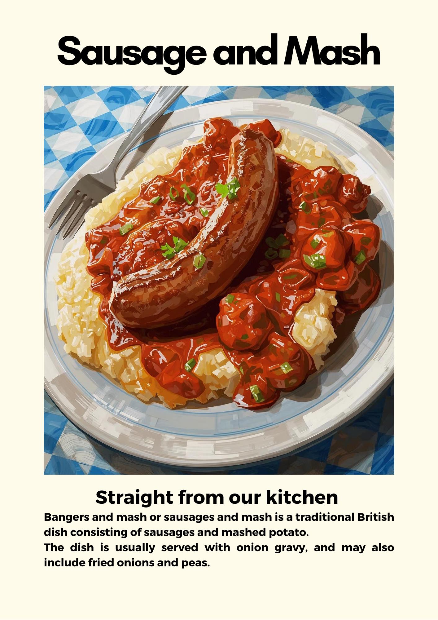 Straight From Our  Kitchen Poster: Retro Food Print, Colourful Wall Art, Sausage and Mash