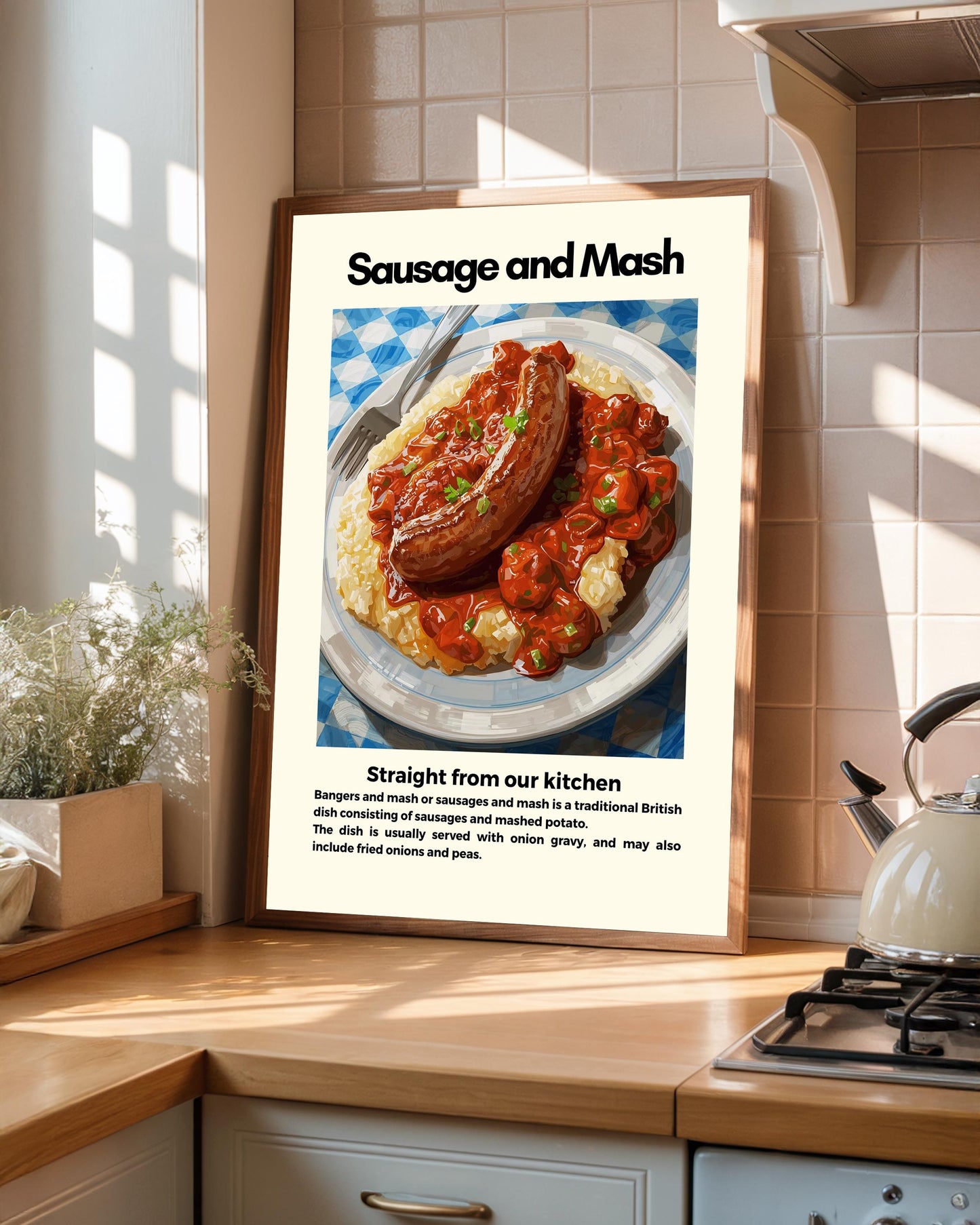 Straight From Our  Kitchen Poster: Retro Food Print, Colourful Wall Art, Sausage and Mash