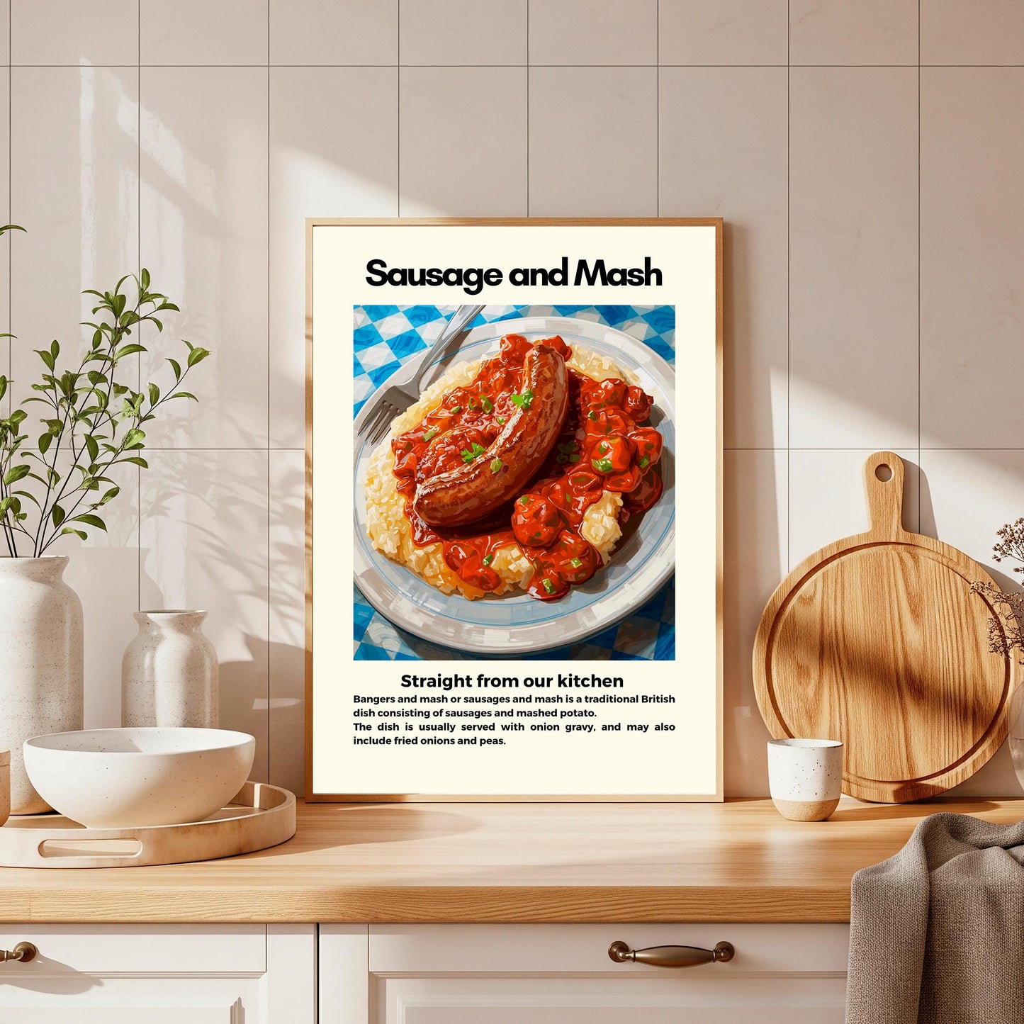Straight From Our  Kitchen Poster: Retro Food Print, Colourful Wall Art, Sausage and Mash