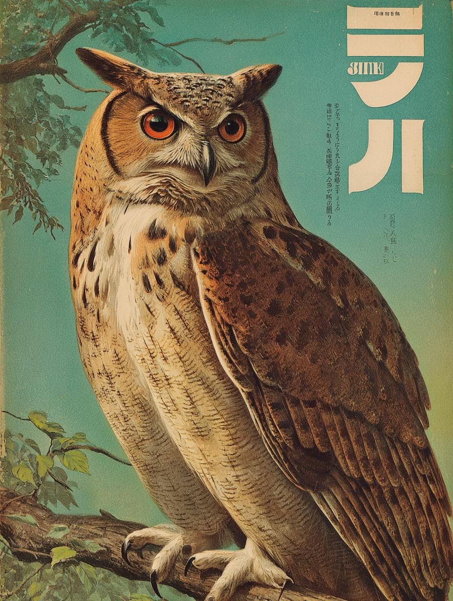 Japanese Owl Print, Vintage Woodblock Style, Mid Century Animal Poster