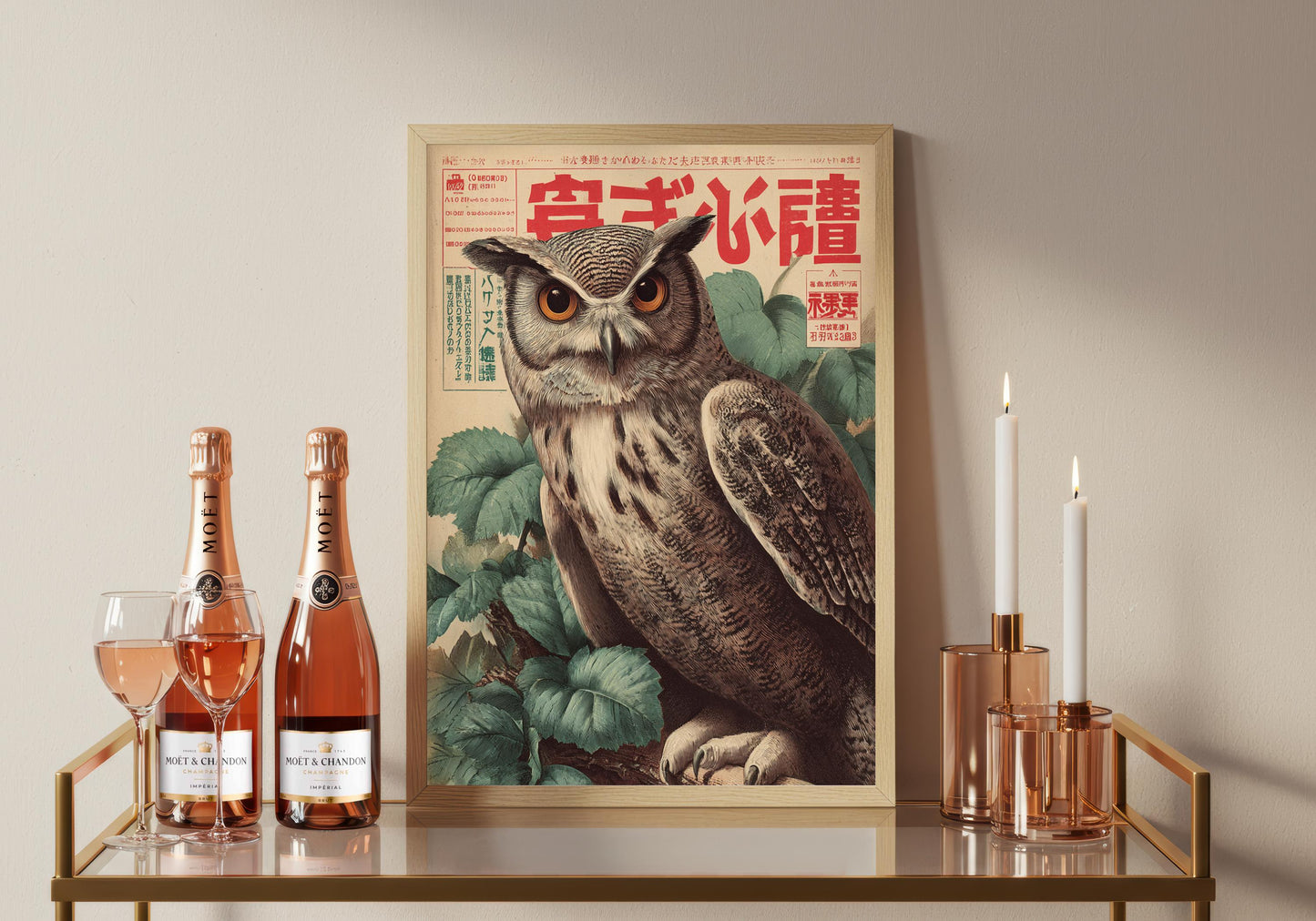 Japanese Owl Art Print, Vintage Woodblock Style, Mid Century Poster, Minimalist Bird Illustration