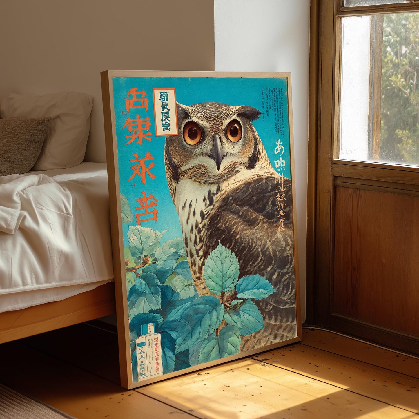 Vintage Japanese Owl Print, Woodblock Style Mid Century Poster