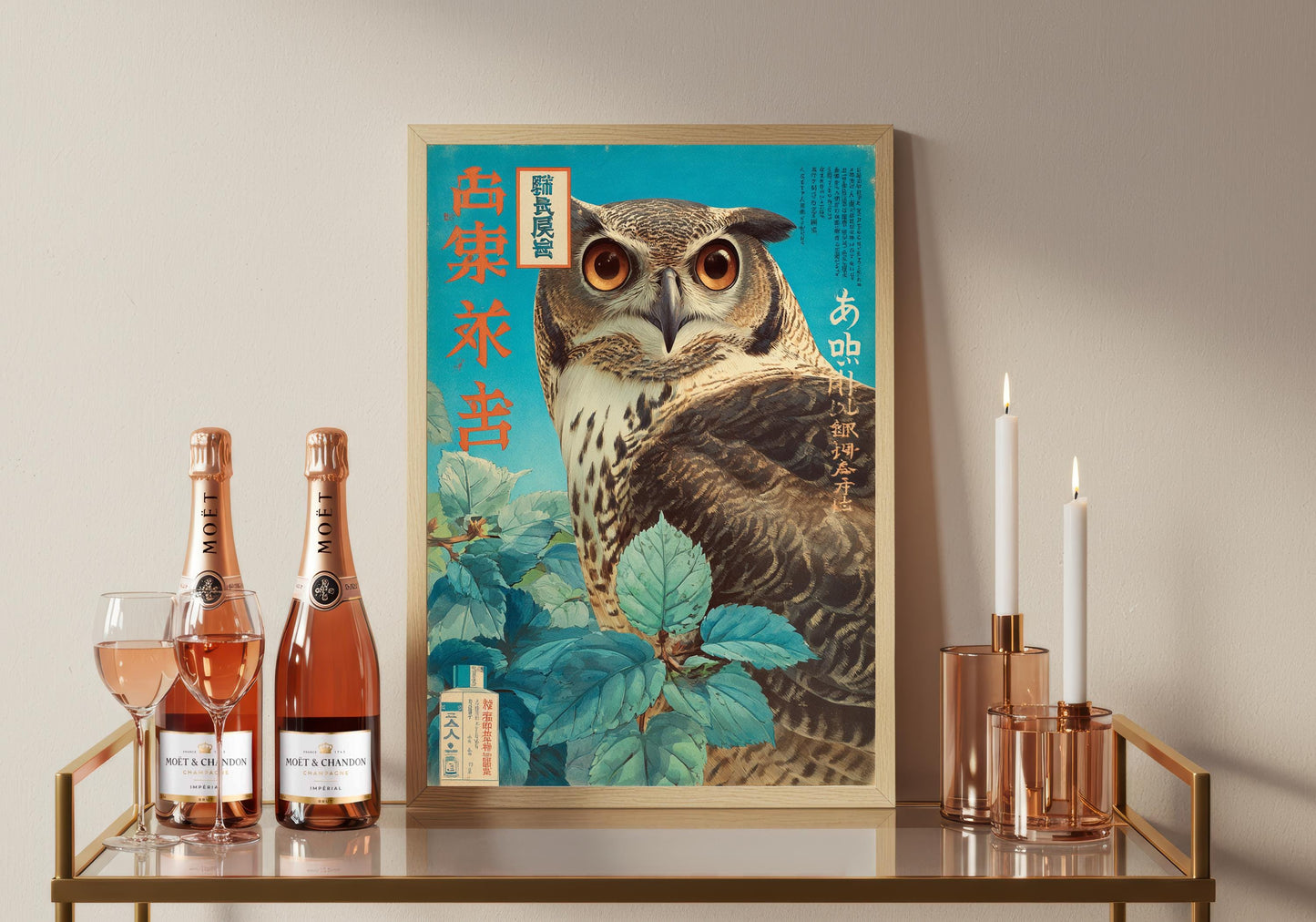Vintage Japanese Owl Print, Woodblock Style Mid Century Poster