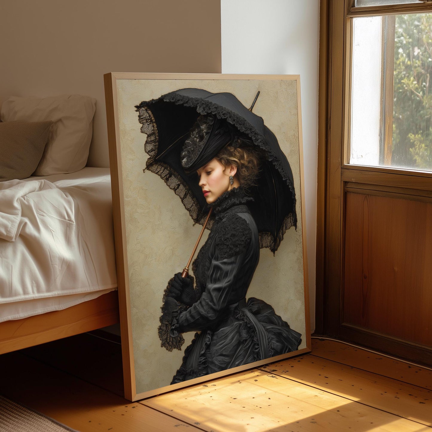 Vintage Lady With Black Umbrellak Print: Victorian Illustration Wall Art