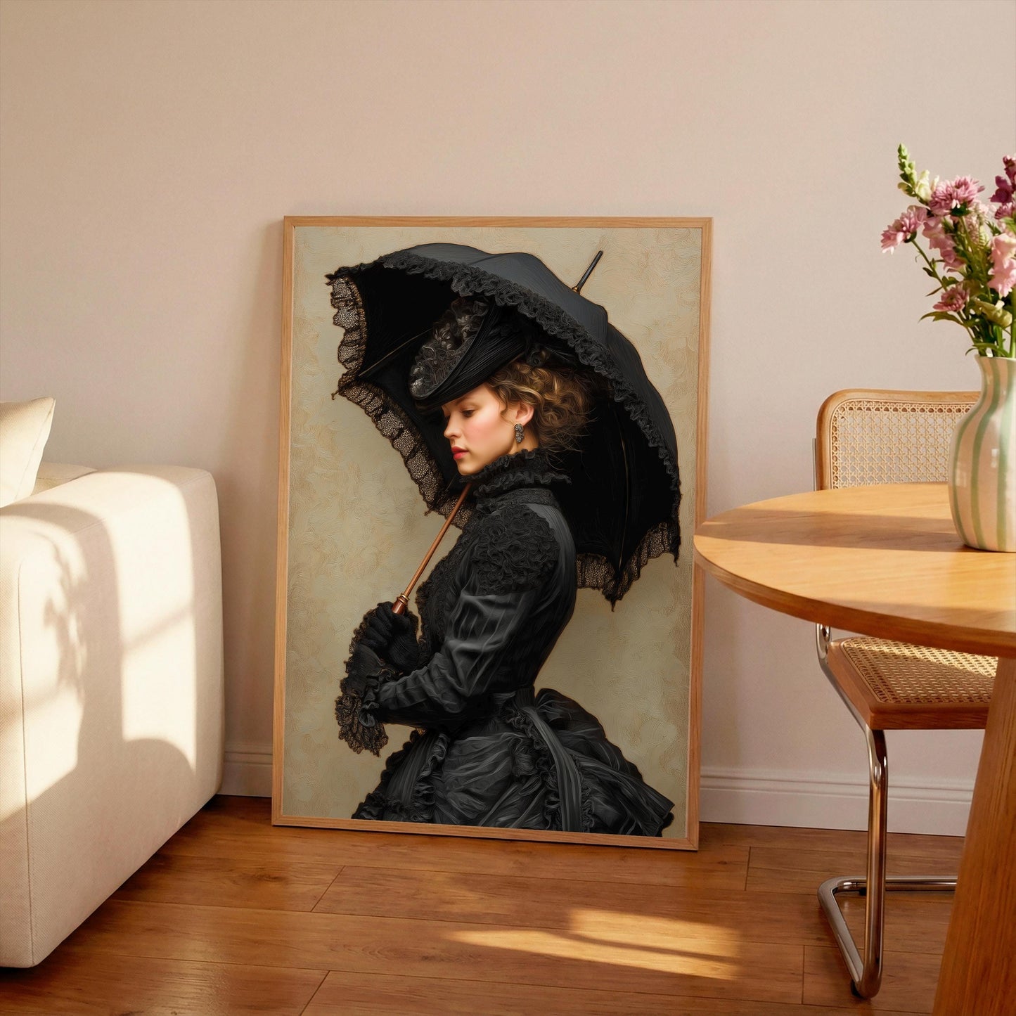 Vintage Lady With Black Umbrellak Print: Victorian Illustration Wall Art