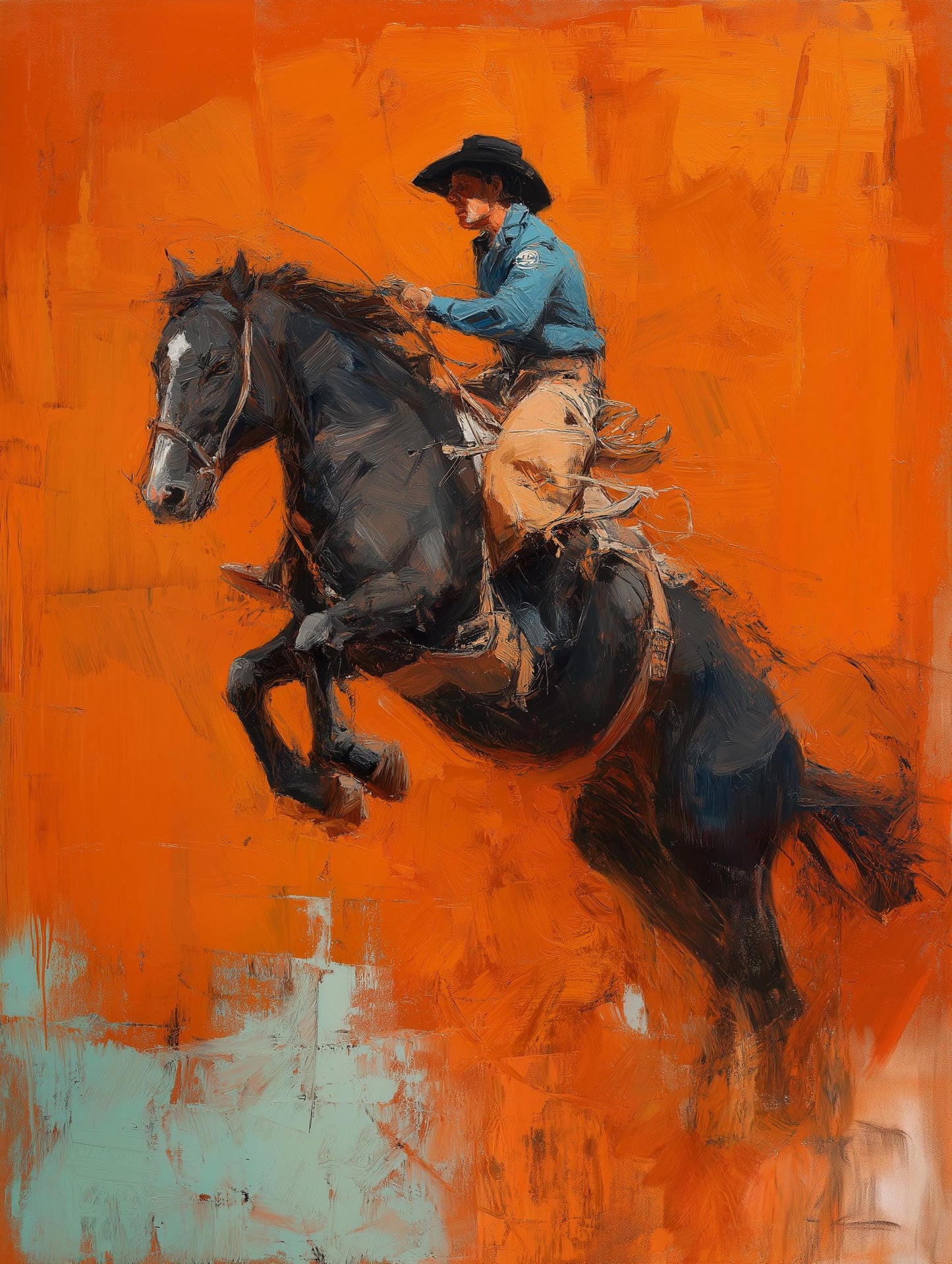 Cowboy on Horse Print: Vibrant Orange Wester Poster