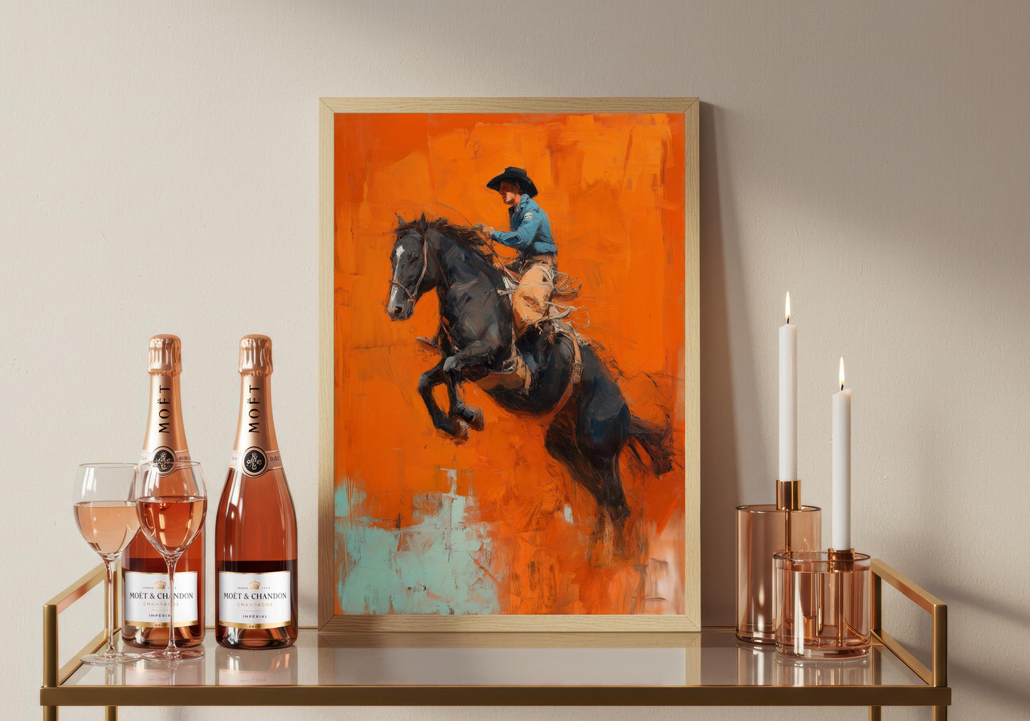 Cowboy on Horse Print: Vibrant Orange Wester Poster