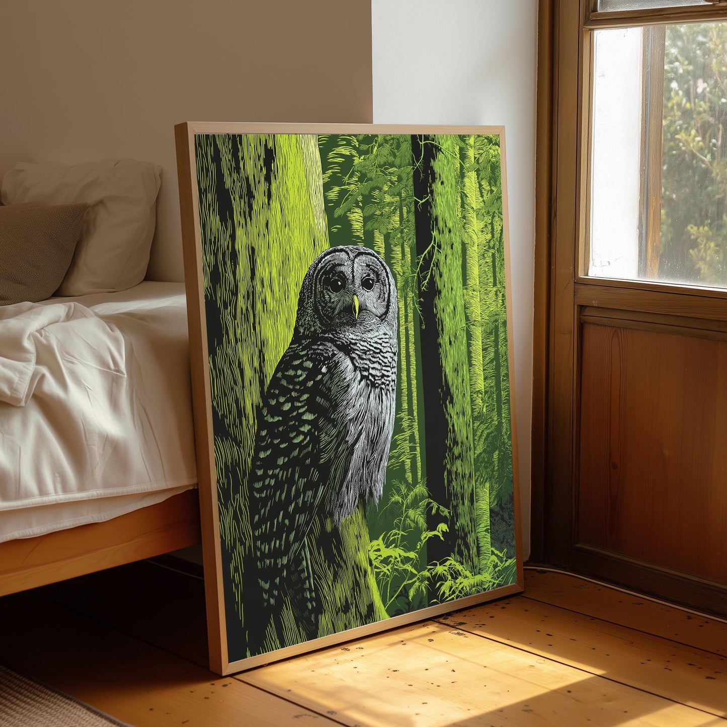 Woodland Owl Linocut Print, Black and White Forest Bird Art, Olive Green Wall Decor