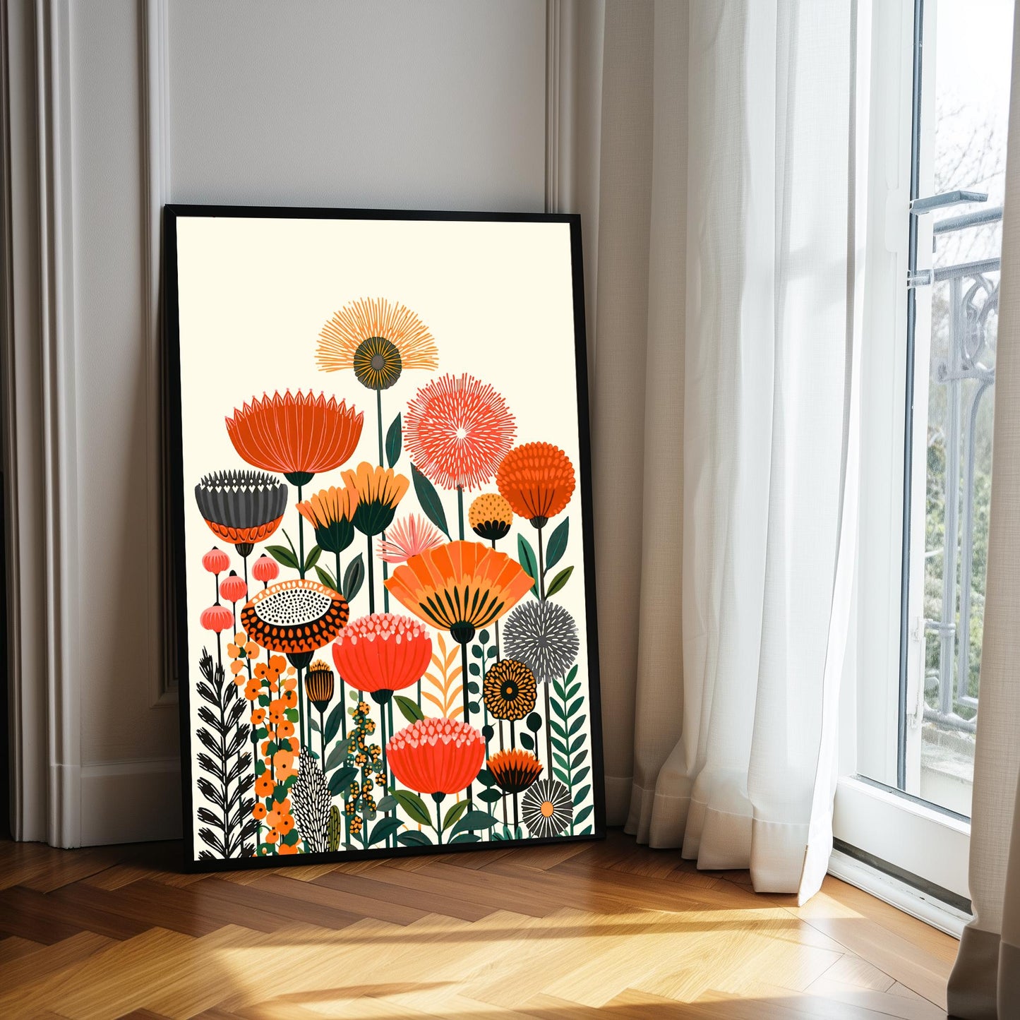 Vibrant Botanical Flower Market Print, Retro Boho Floral Artwork Poster