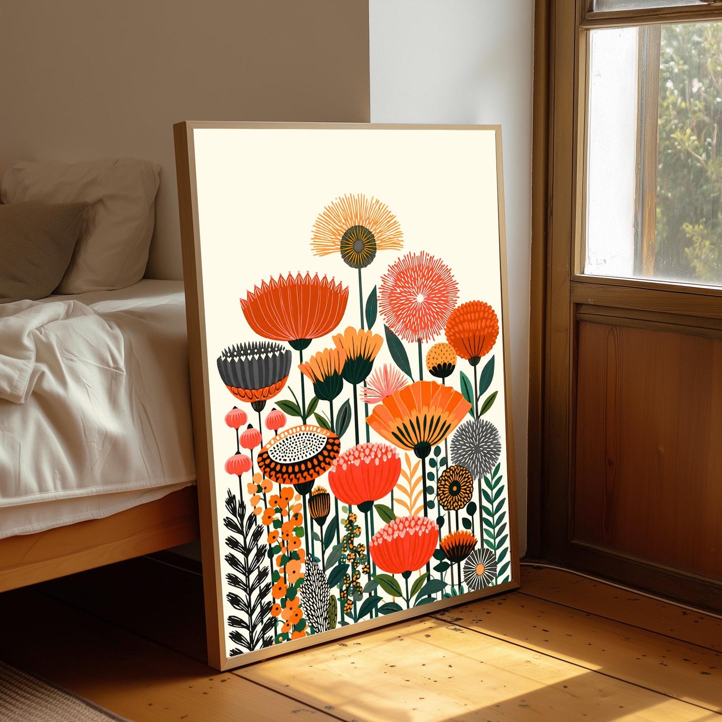 Vibrant Botanical Flower Market Print, Retro Boho Floral Artwork Poster