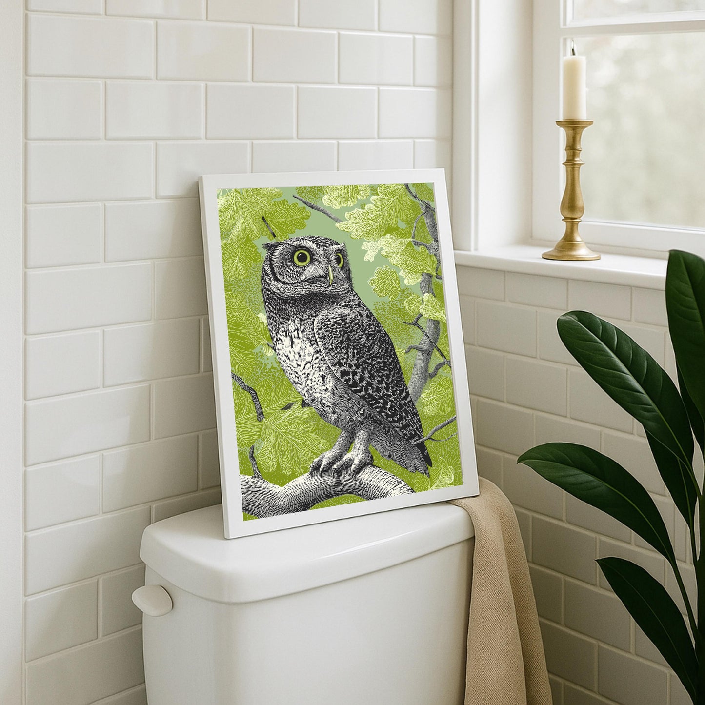 Woodland Owl Linocut Print, Black White Bird Art, Forest Nature Wall Decor, Olive Green
