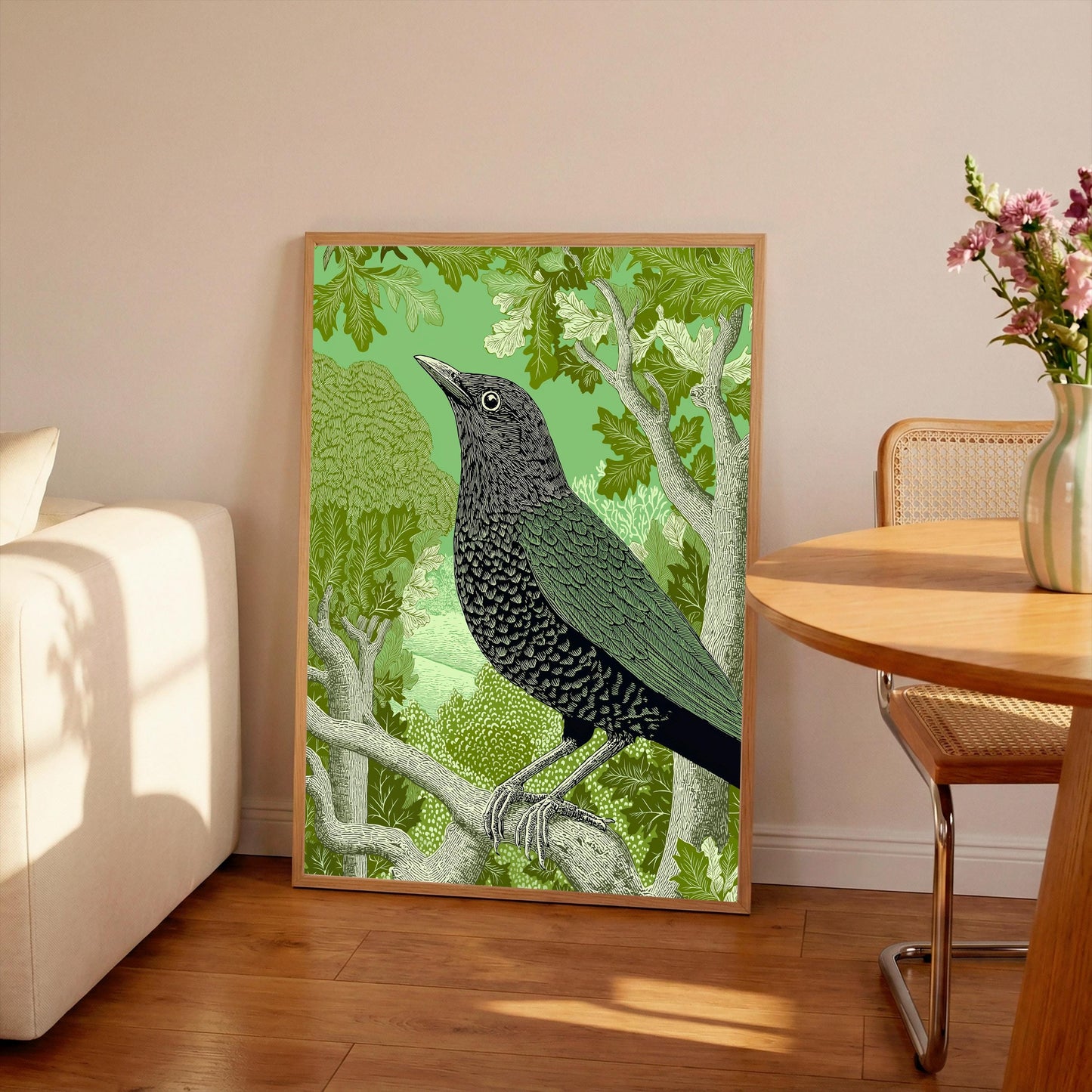 Blackbird Linocut Style Print, Black and White Bird Art, Forest Nature Wall Decor, Green
