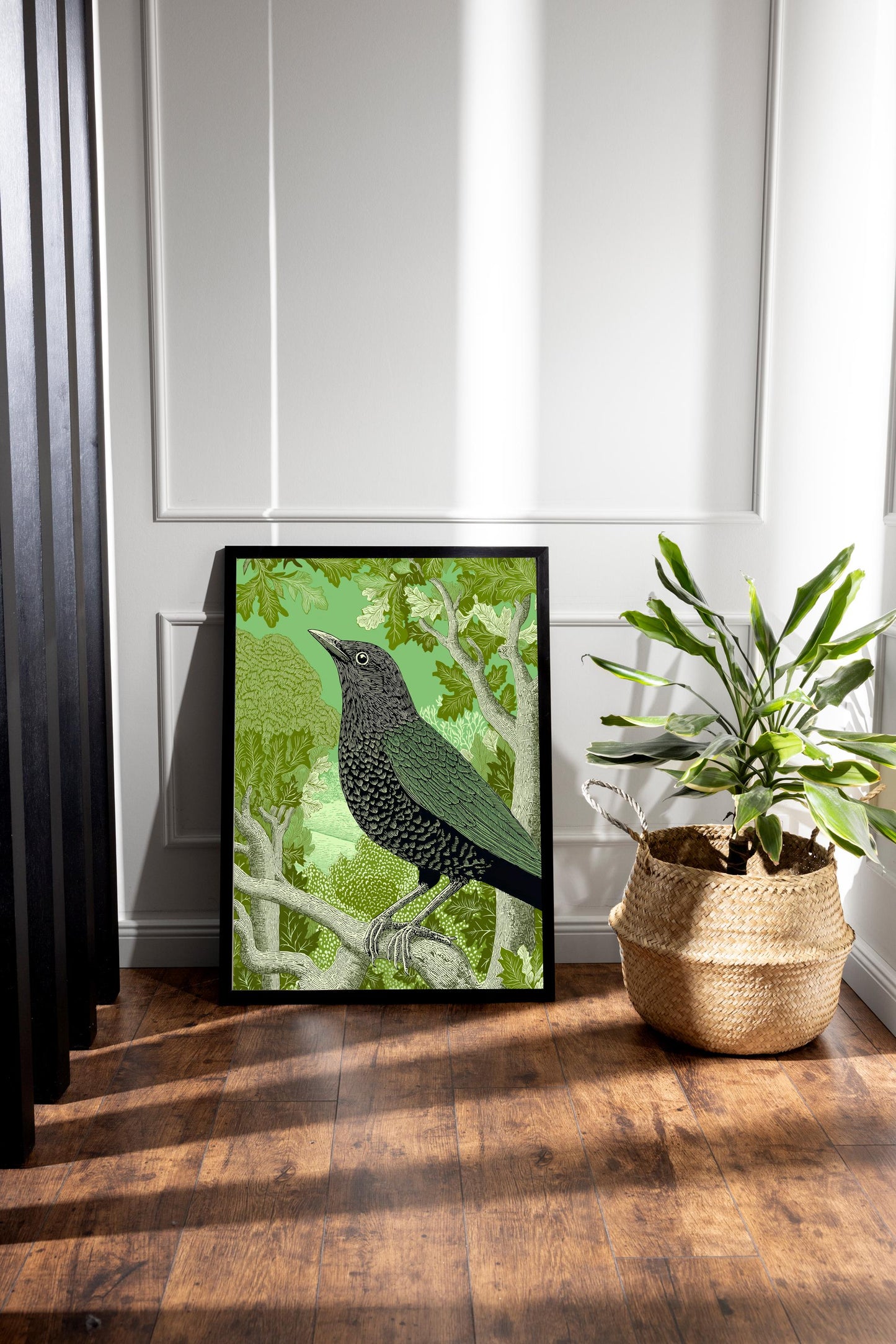 Blackbird Linocut Style Print, Black and White Bird Art, Forest Nature Wall Decor, Green