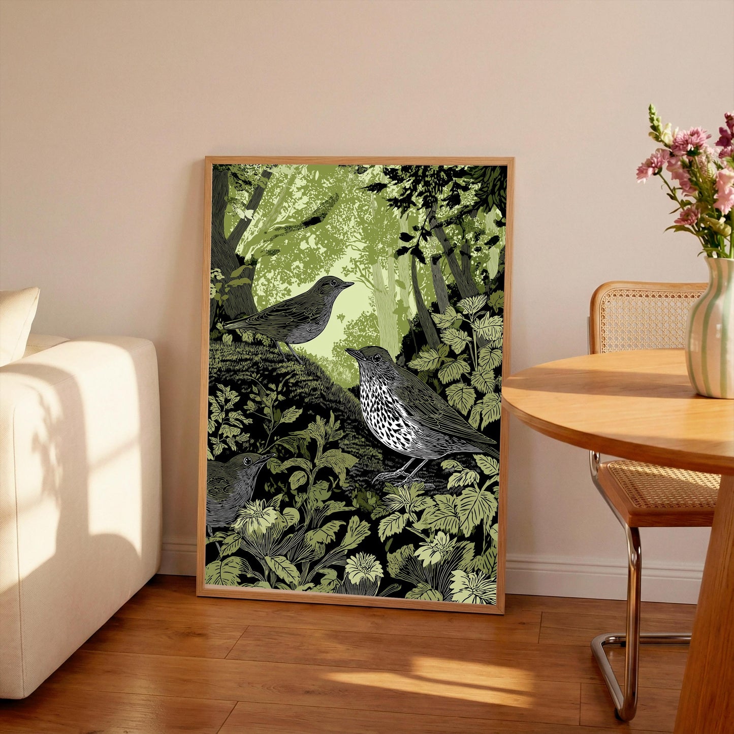 Thrush Linocut Style Print, Black and White Bird Art, Forest Nature Wall Decor, Green