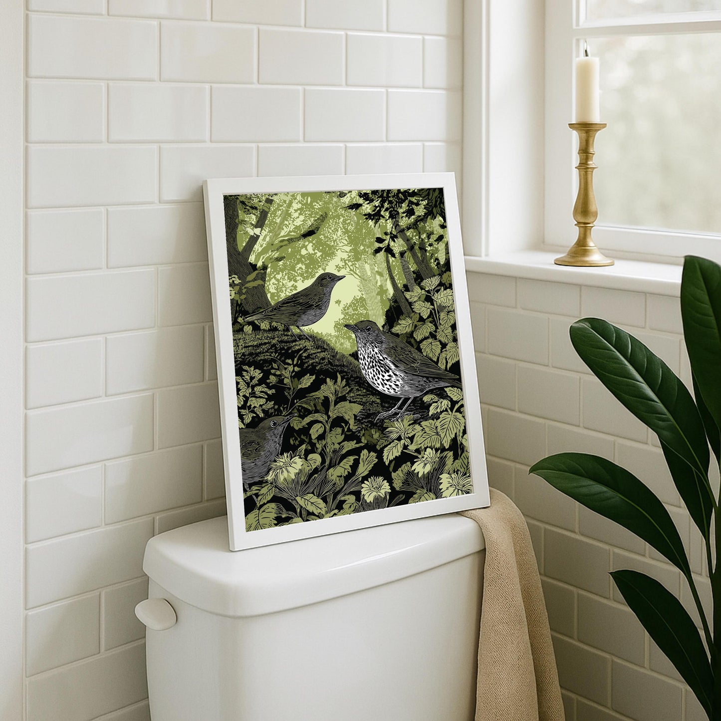 Thrush Linocut Style Print, Black and White Bird Art, Forest Nature Wall Decor, Green