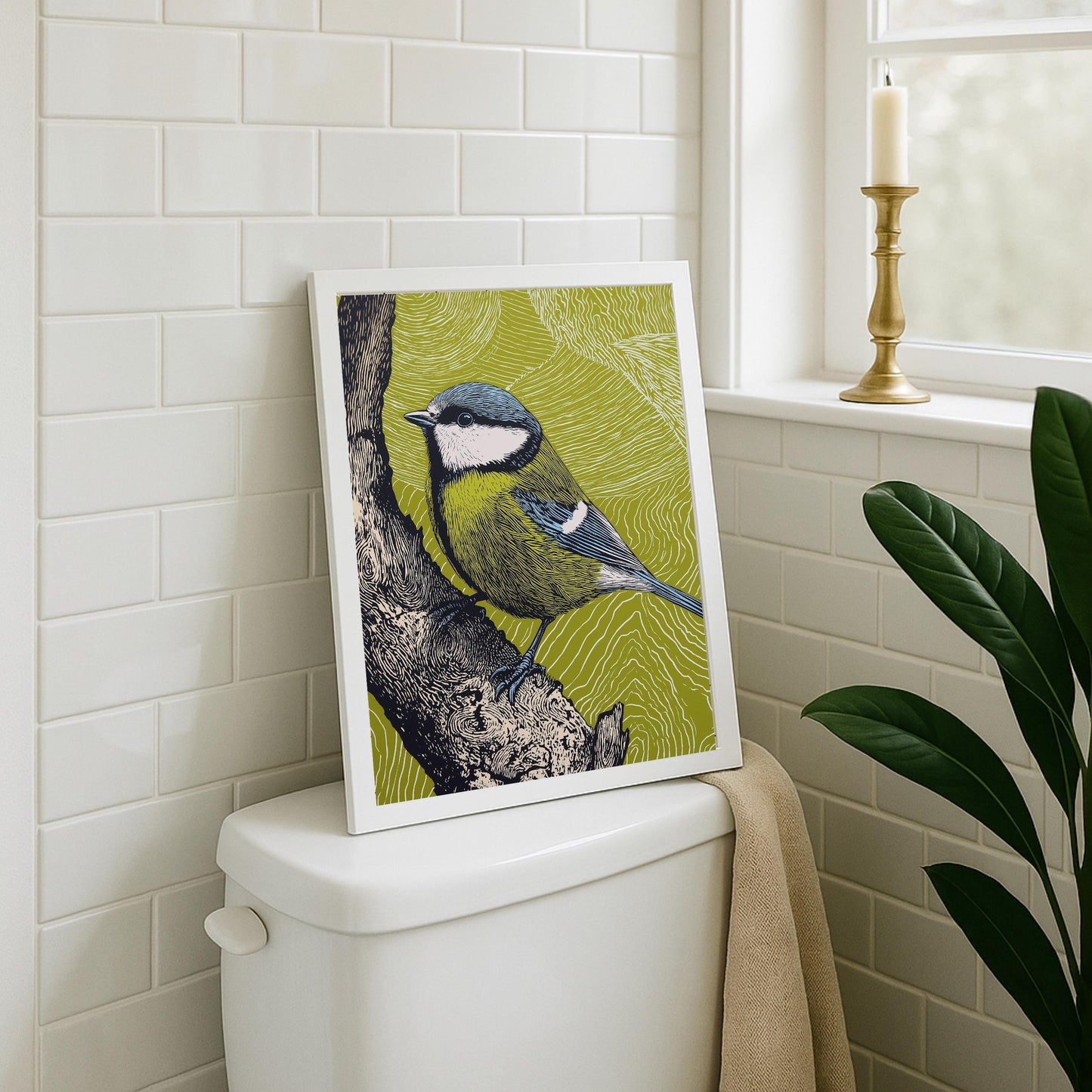 Blue Tit Linocut Style Print, Black and White Bird Art, Forest Nature Wall Decor, Green