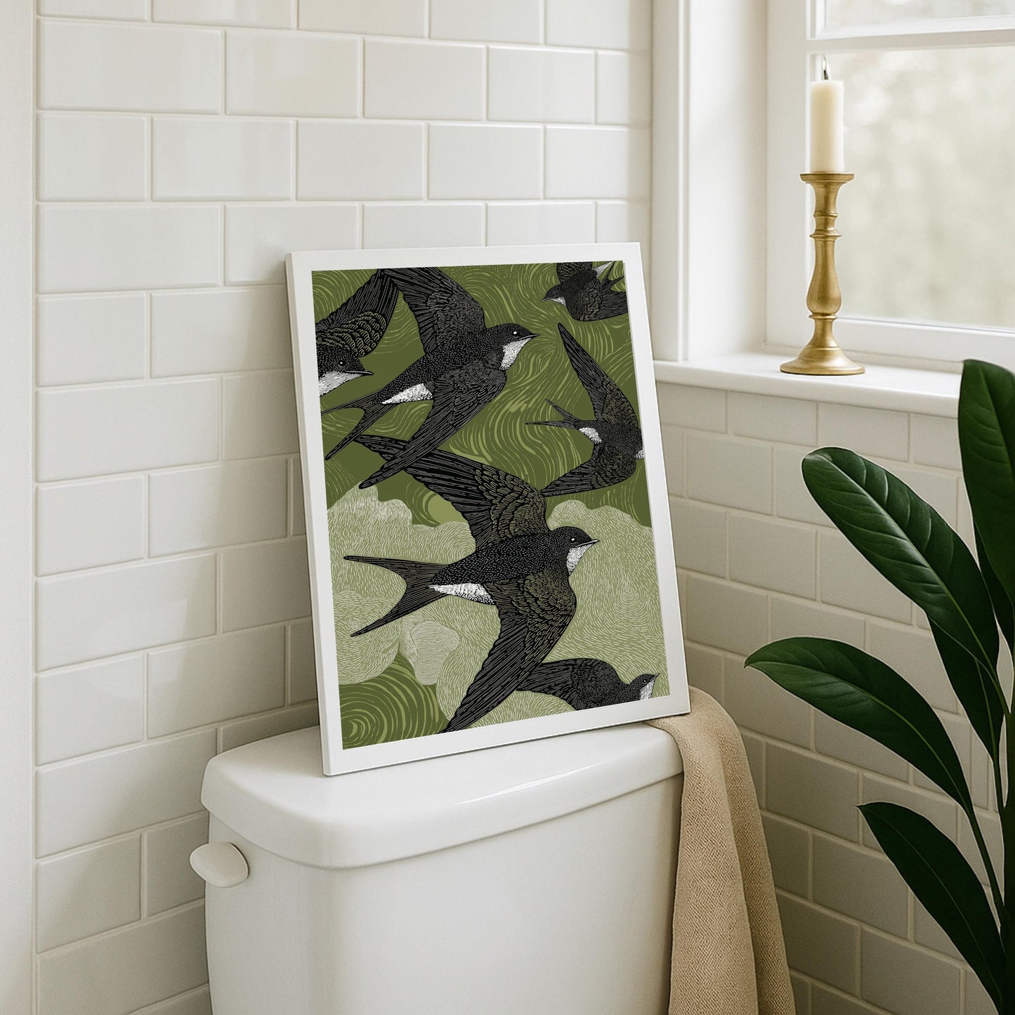 Flying Swallows Linocut Print, Black White Bird Art, Olive Green Nature Wall Decor