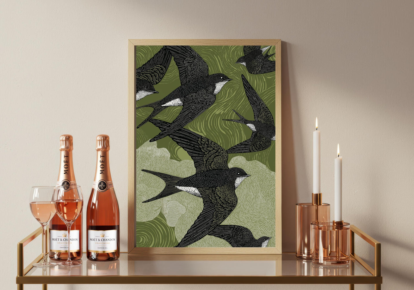 Flying Swallows Linocut Print, Black White Bird Art, Olive Green Nature Wall Decor