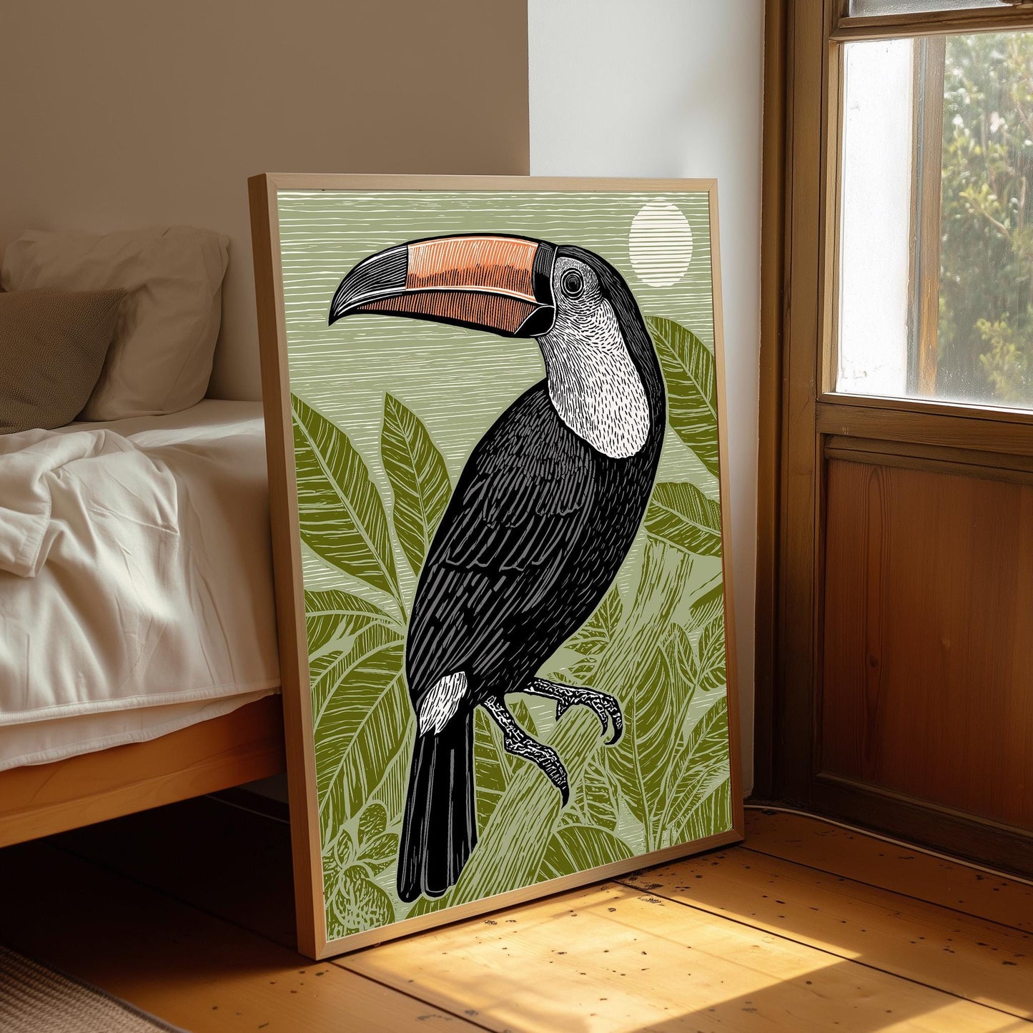 Toucan Linocut Style Print, Black and White Bird Art, Forest Nature Wall Decor, Green