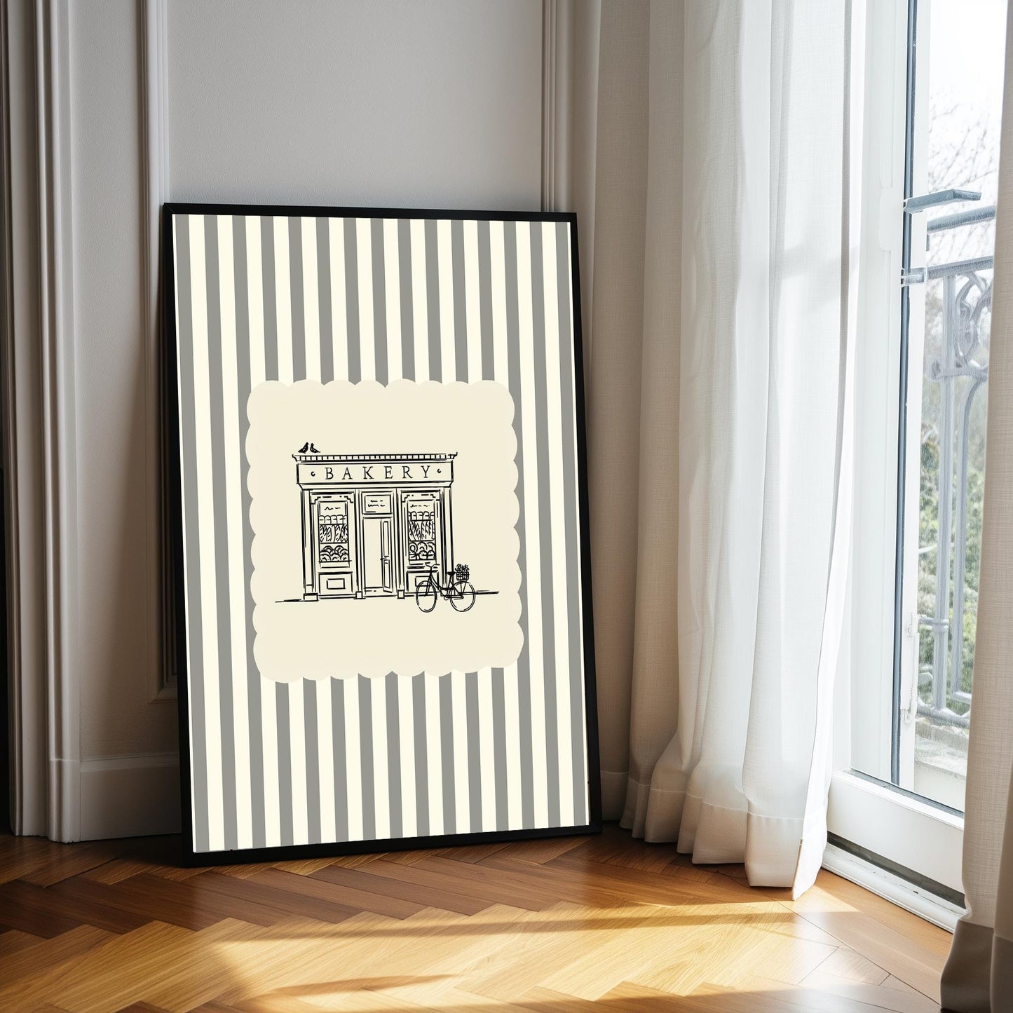 Vintage Bakery Store Poster – Black Ink Sketch, Cream Striped Kitchen Art