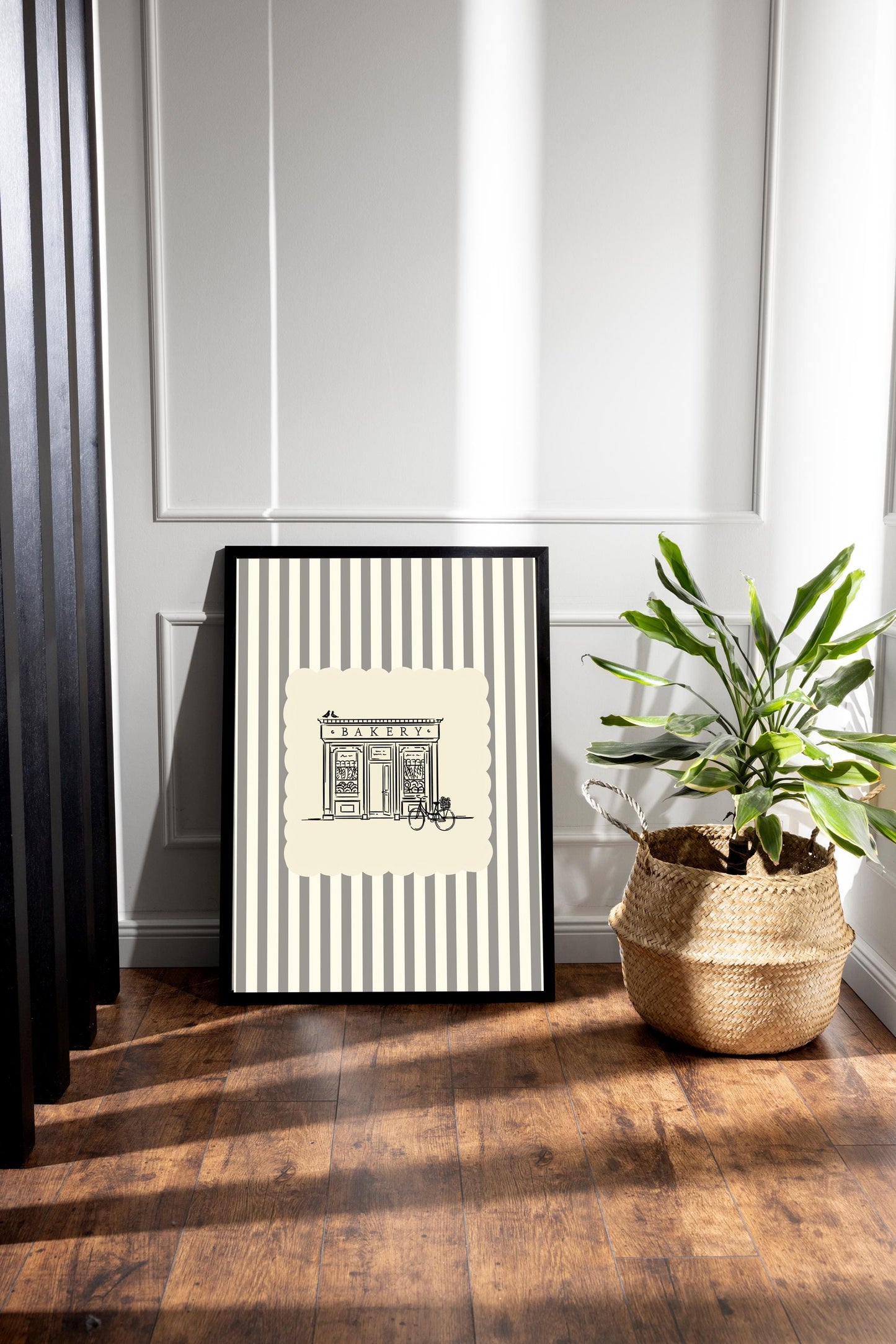 Vintage Bakery Store Poster – Black Ink Sketch, Cream Striped Kitchen Art