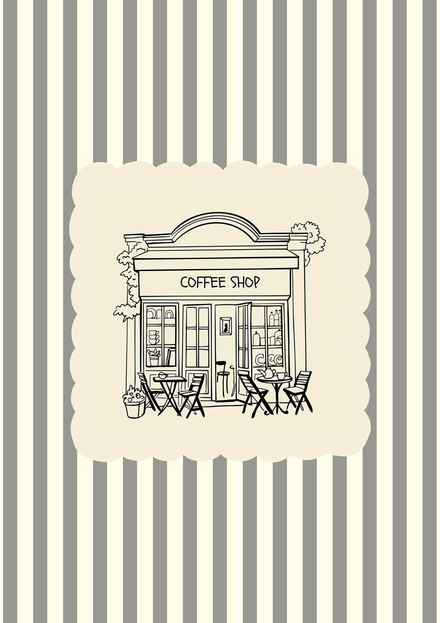 Vintage Coffee Shop Poster – Black Ink Sketch, Cream Striped Kitchen Art