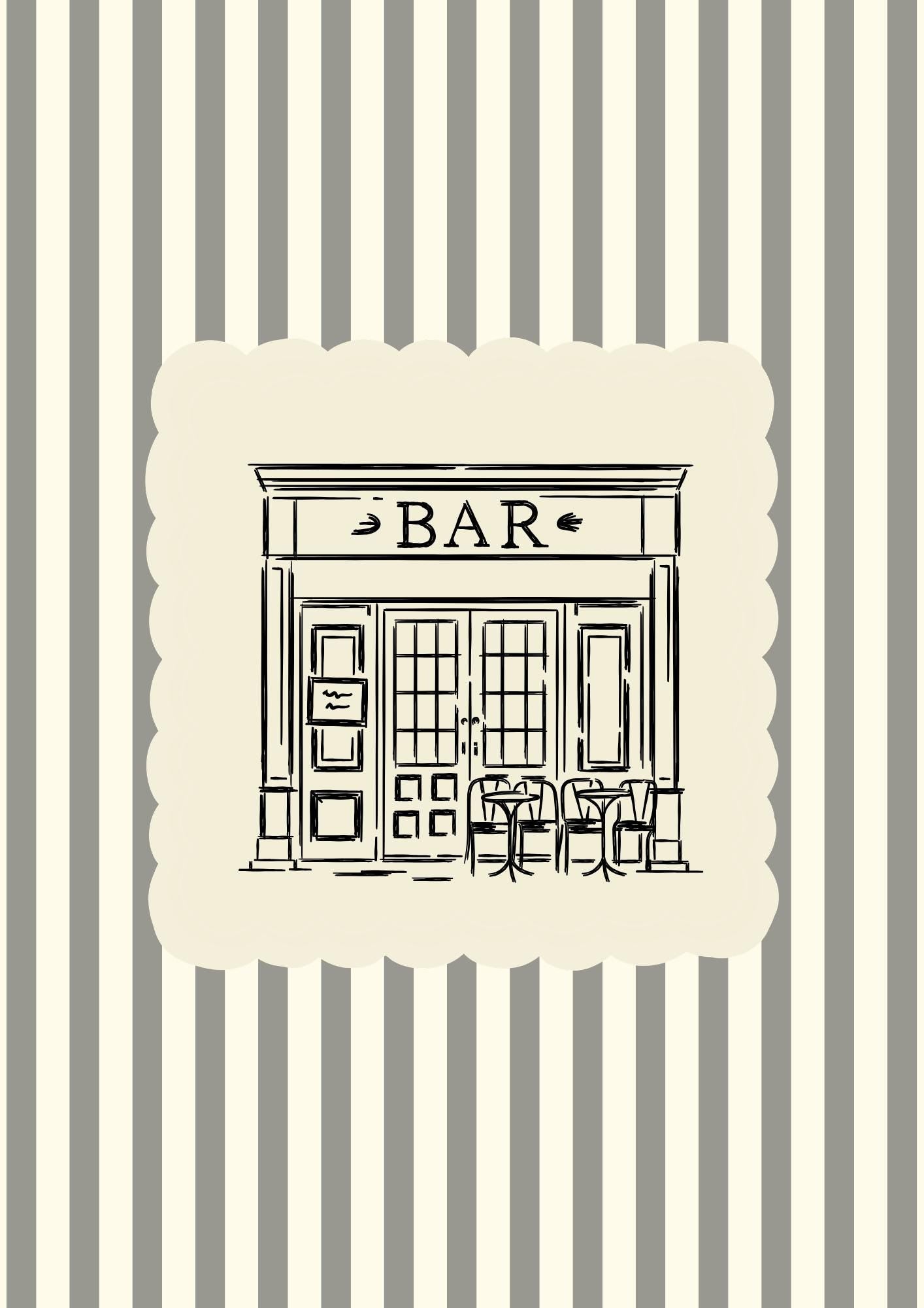 Vintage Bar Poster – Black Ink Sketch, Cream Striped Kitchen Art
