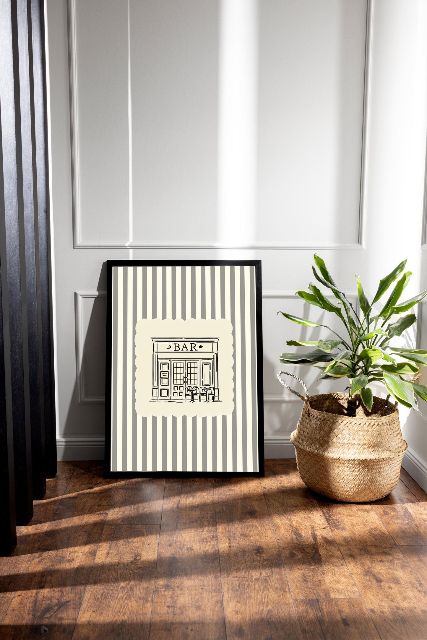 Vintage Bar Poster – Black Ink Sketch, Cream Striped Kitchen Art