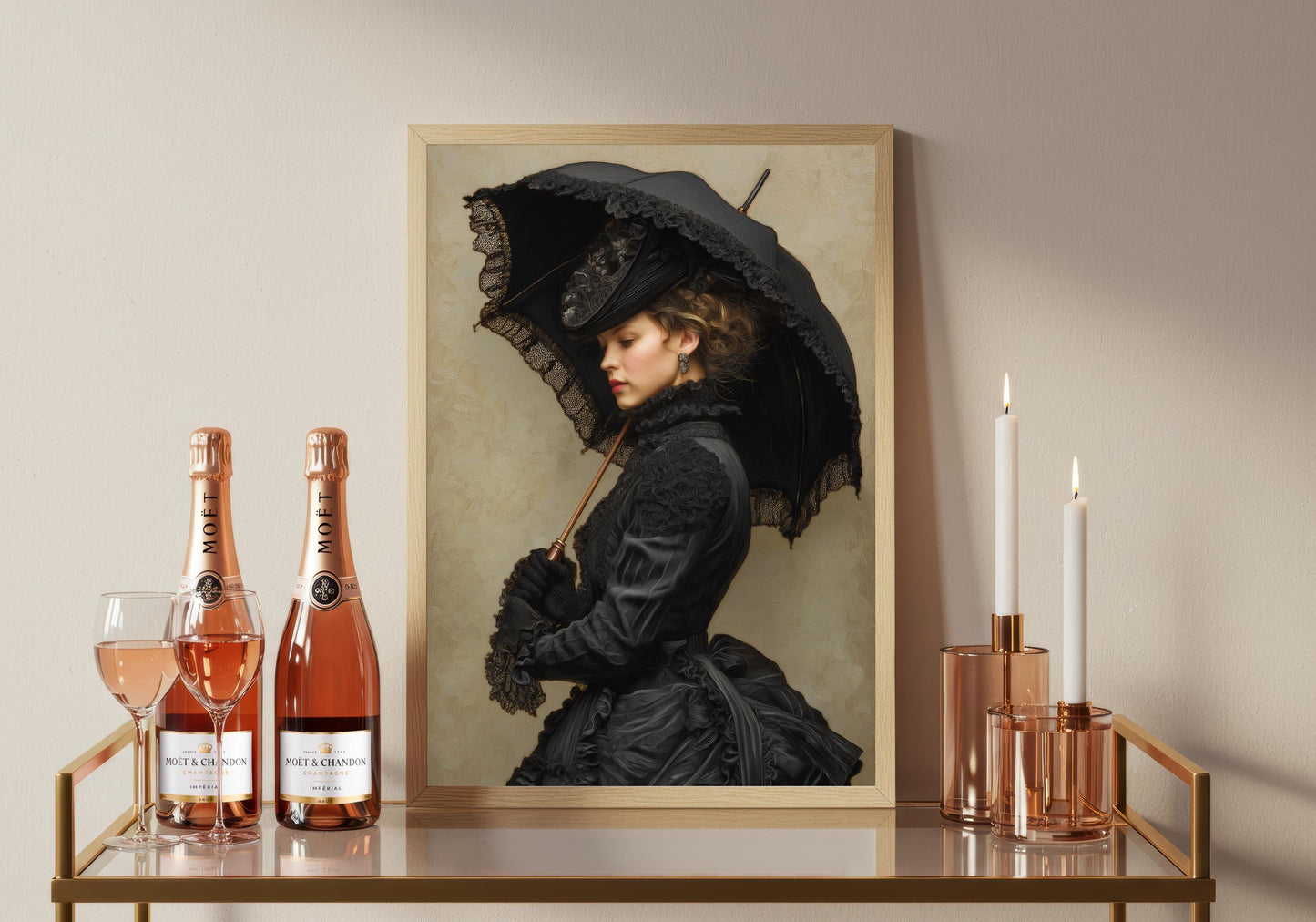 Vintage Lady With Black Umbrellak Print: Victorian Illustration Wall Art