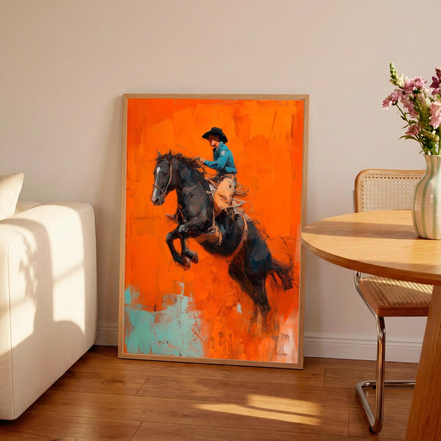 Cowboy on Horse Print: Vibrant Orange Wester Poster