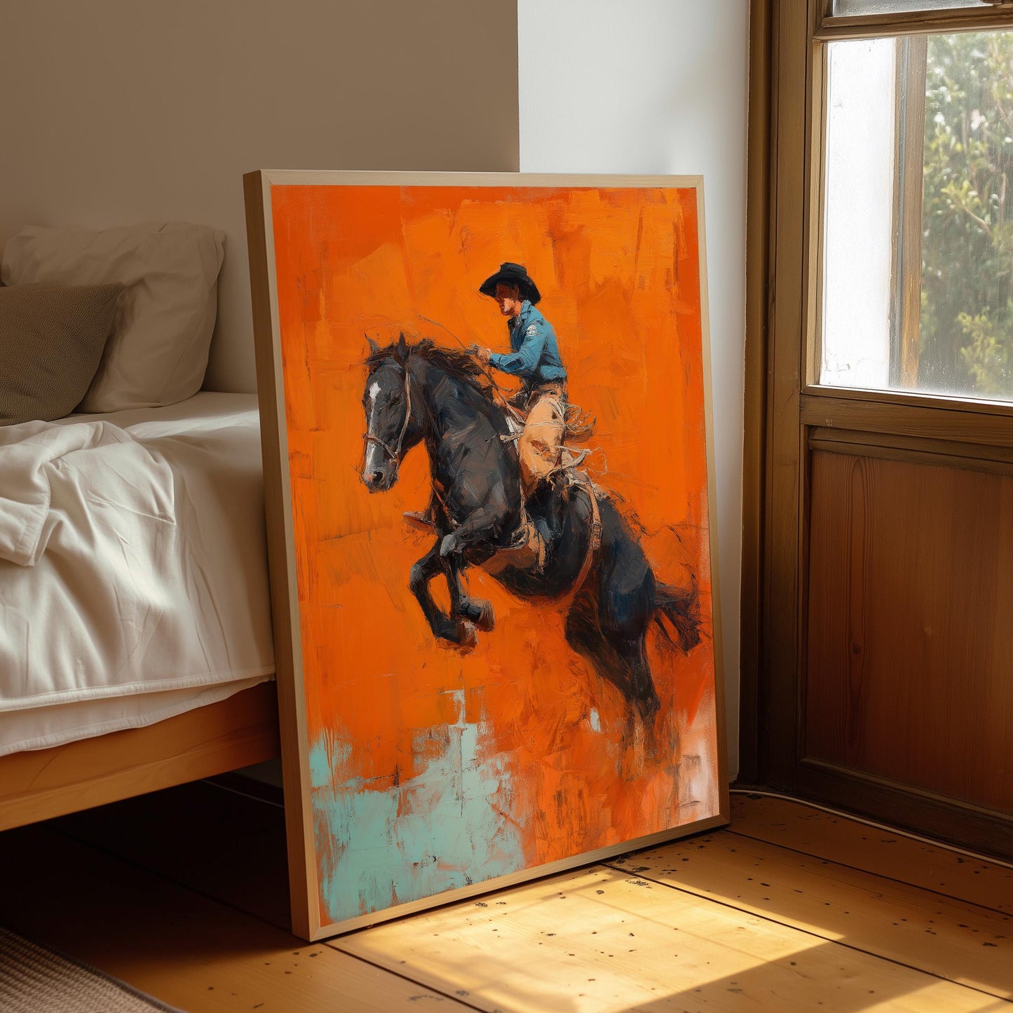 Cowboy on Horse Print: Vibrant Orange Wester Poster