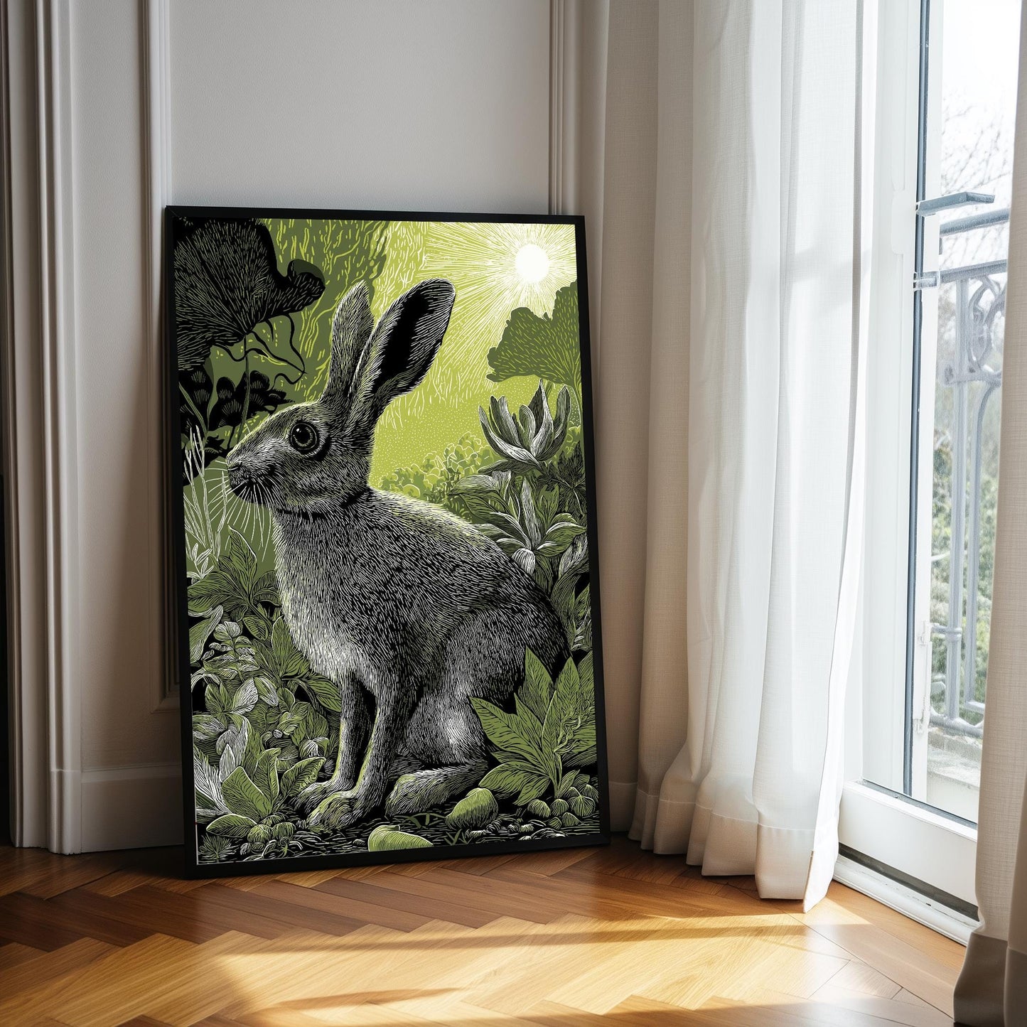 Woodland Rabbit Linocut Print, Black and White Forest Bird Art, Olive Green Wall Decor
