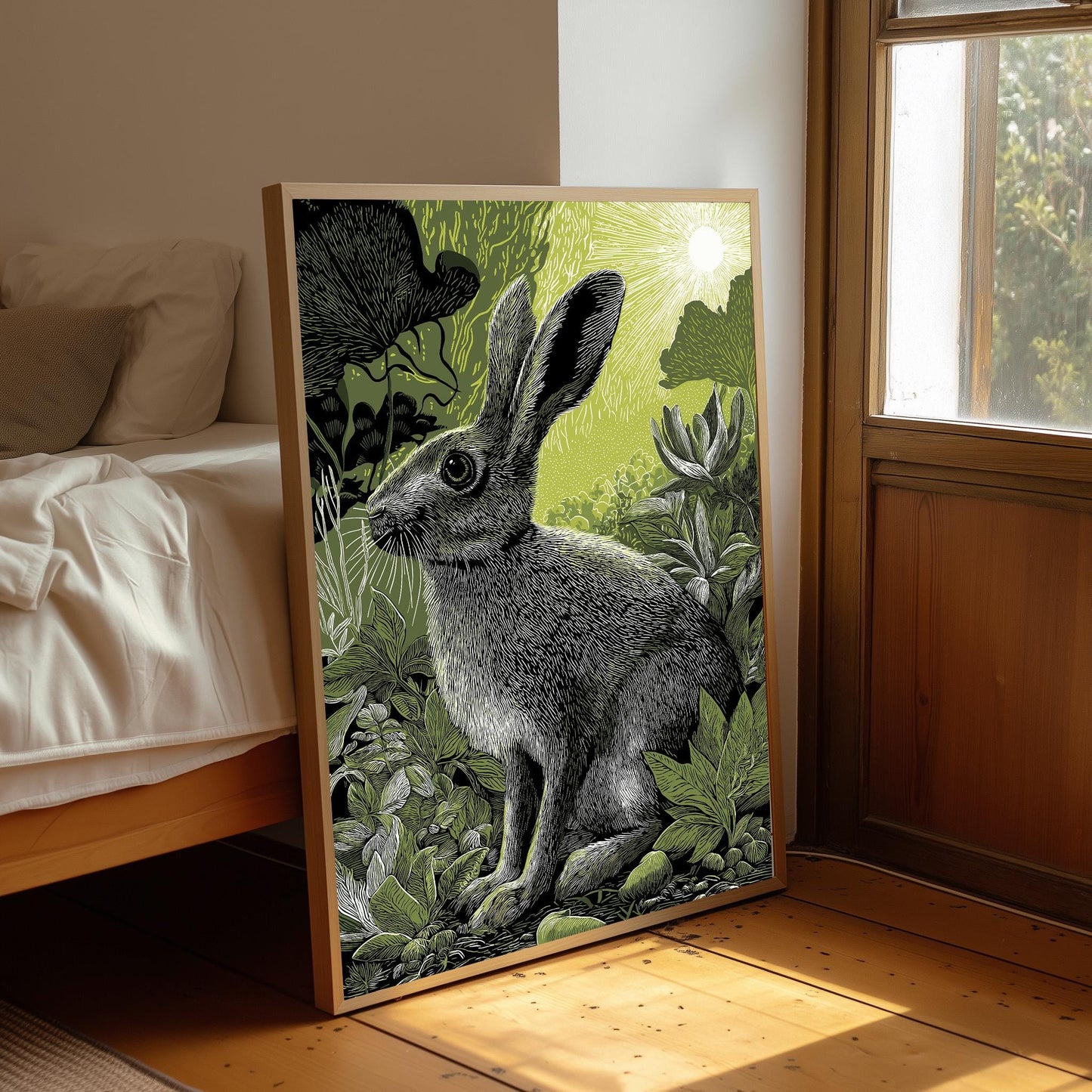 Woodland Rabbit Linocut Print, Black and White Forest Bird Art, Olive Green Wall Decor