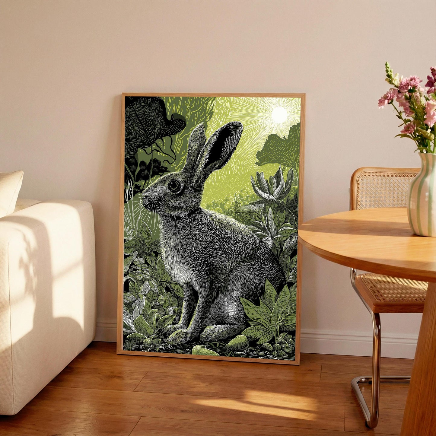 Woodland Rabbit Linocut Print, Black and White Forest Bird Art, Olive Green Wall Decor