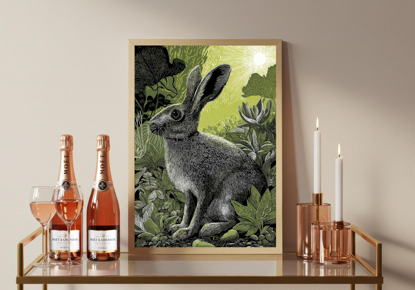Woodland Rabbit Linocut Print, Black and White Forest Bird Art, Olive Green Wall Decor