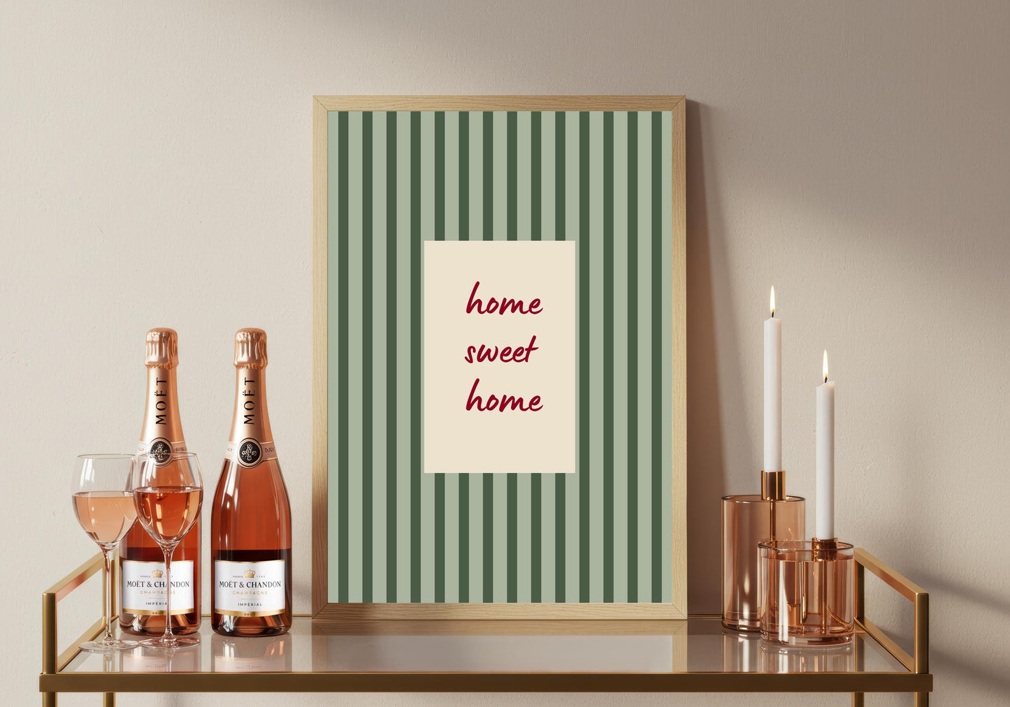 Home Sweet Home Print, Heritage Green Stripe Wall Art, Rustic Cottage Warmth