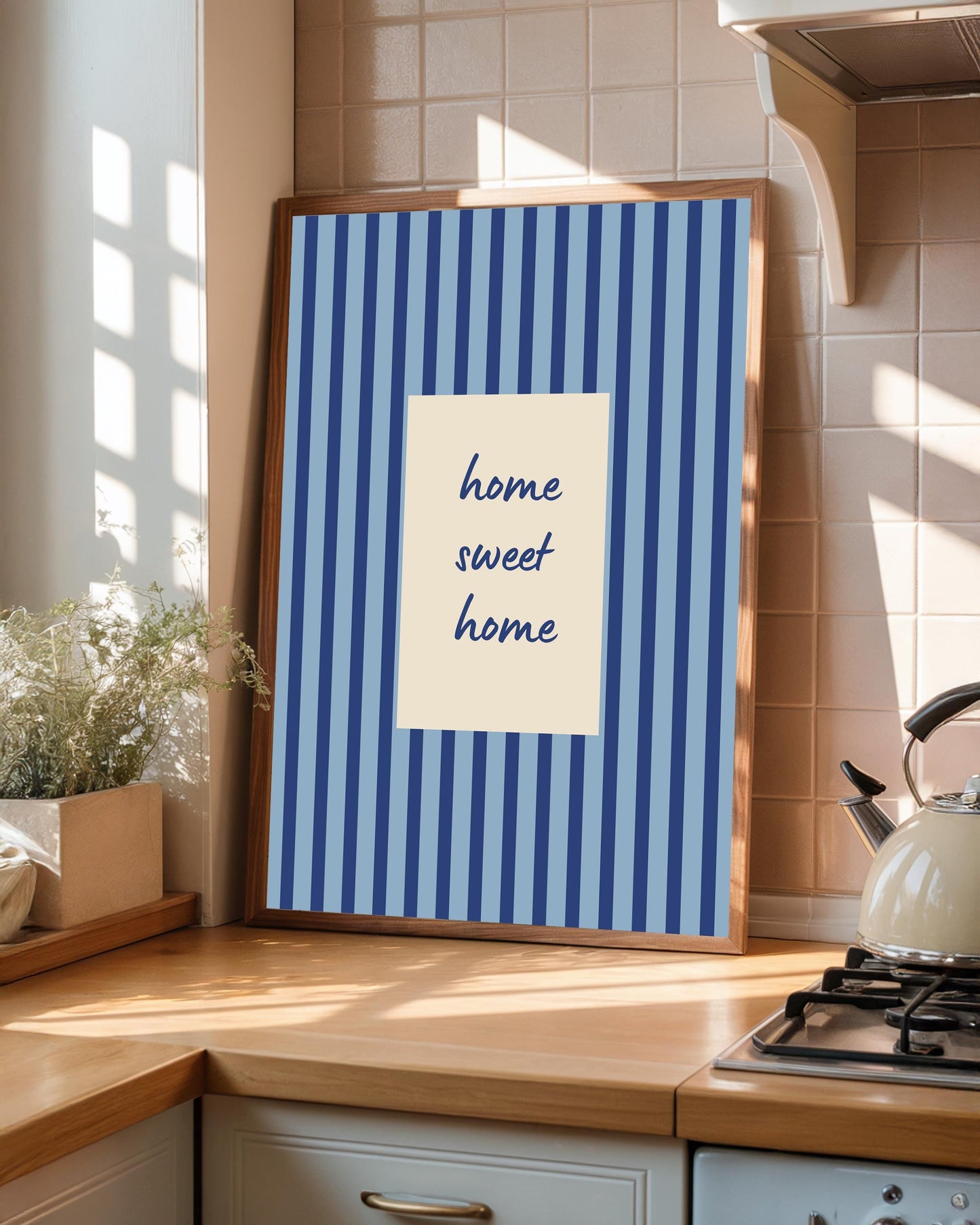 Home Sweet Home Print, Blue Stripe Wall Art, Uplifting Quote Poster