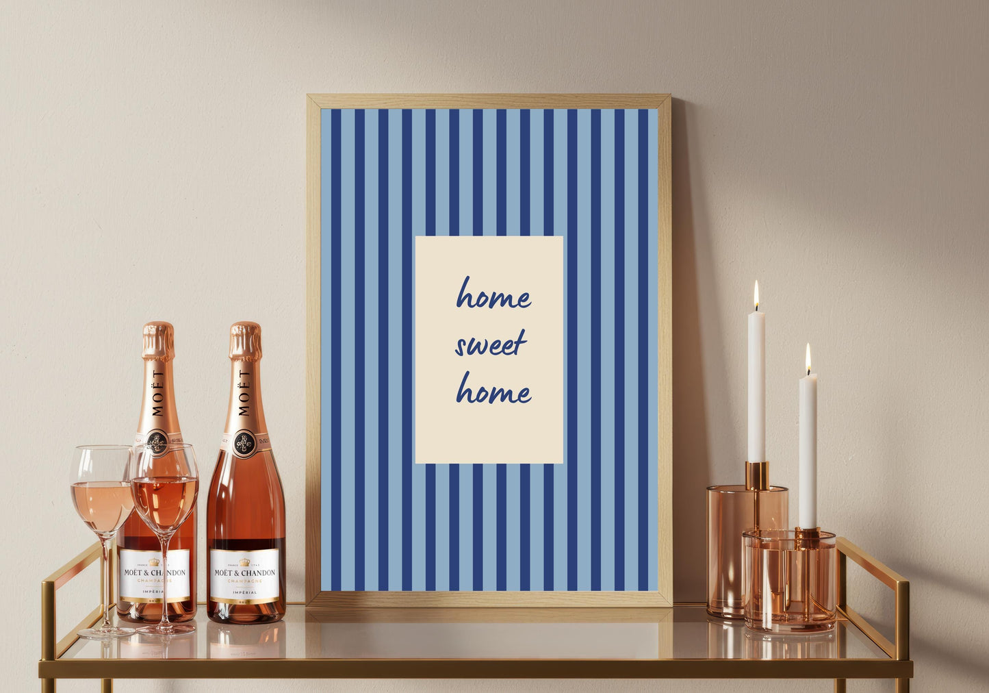 Home Sweet Home Print, Blue Stripe Wall Art, Uplifting Quote Poster